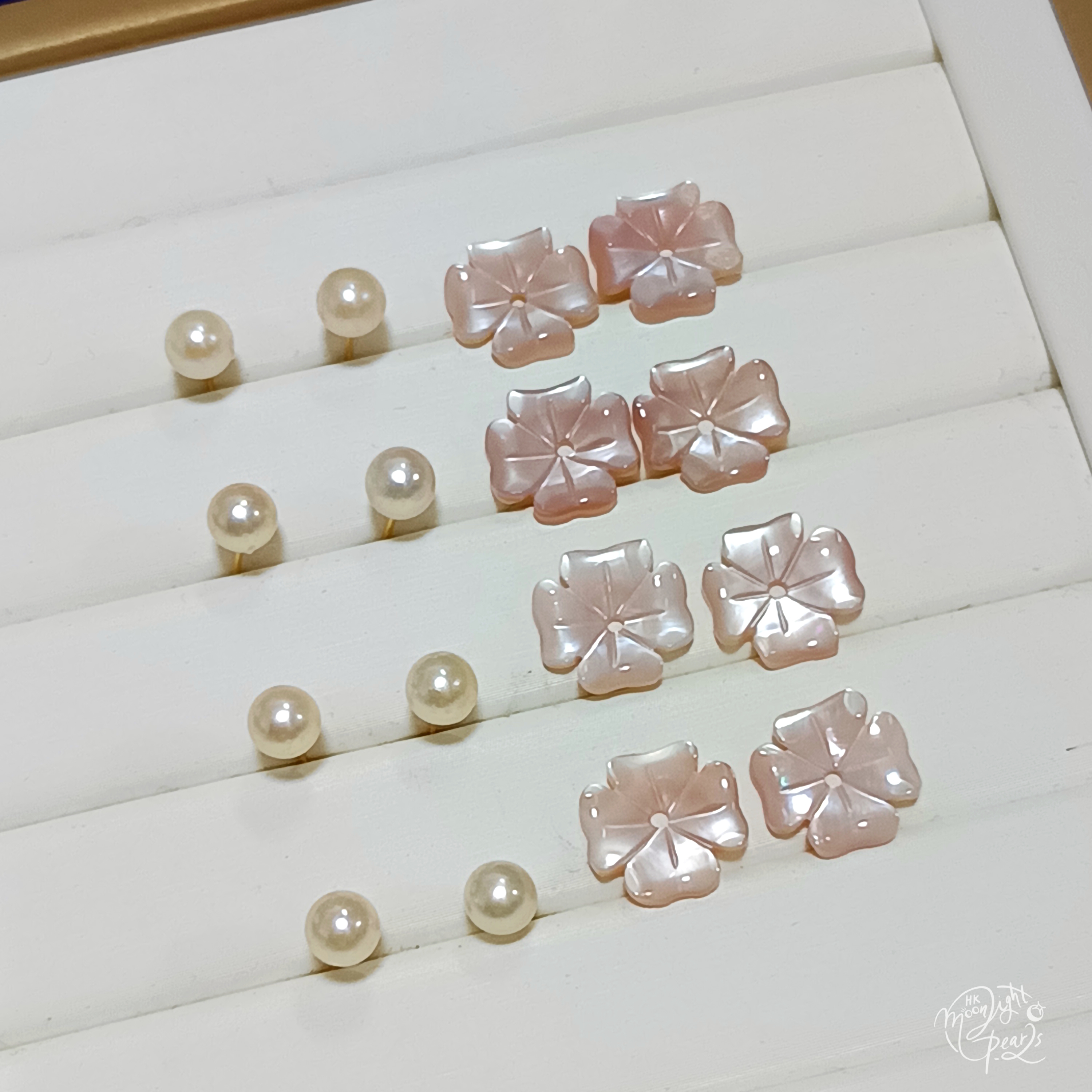 18k金耳針正圓極強光日本akoya羽皇金海水珍珠+粉貝殼幸運四葉草耳釘