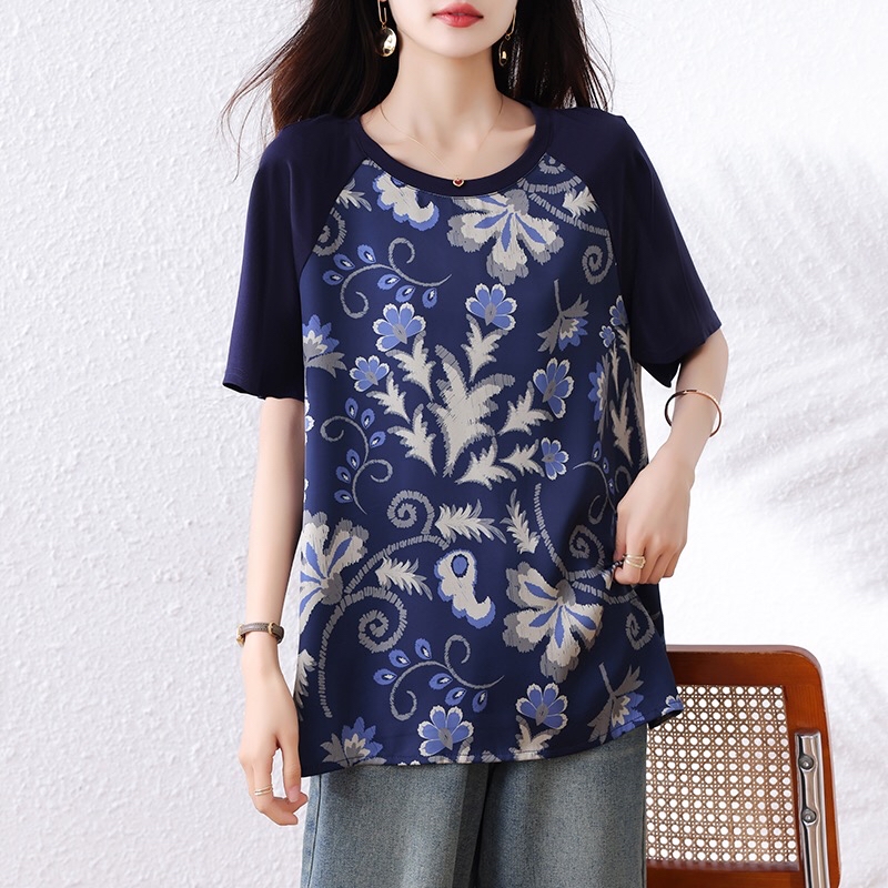 B213(2376) 新中式洋气国风拼接前部花色印花蓝上衣 