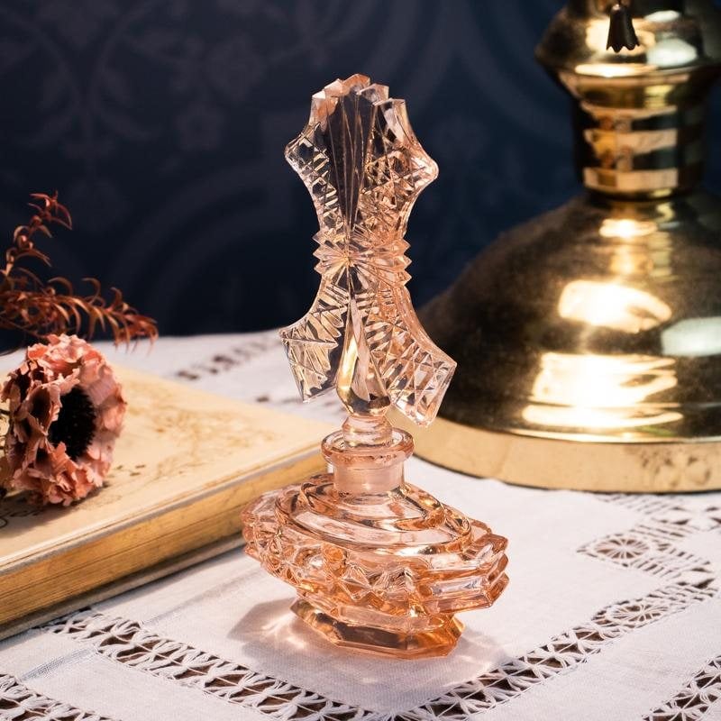 1960s Czechoslovakia Art Deco Inspired-Pattern Pressed Glass Vanity Perfume Bottle - Peach Pink(MW013)