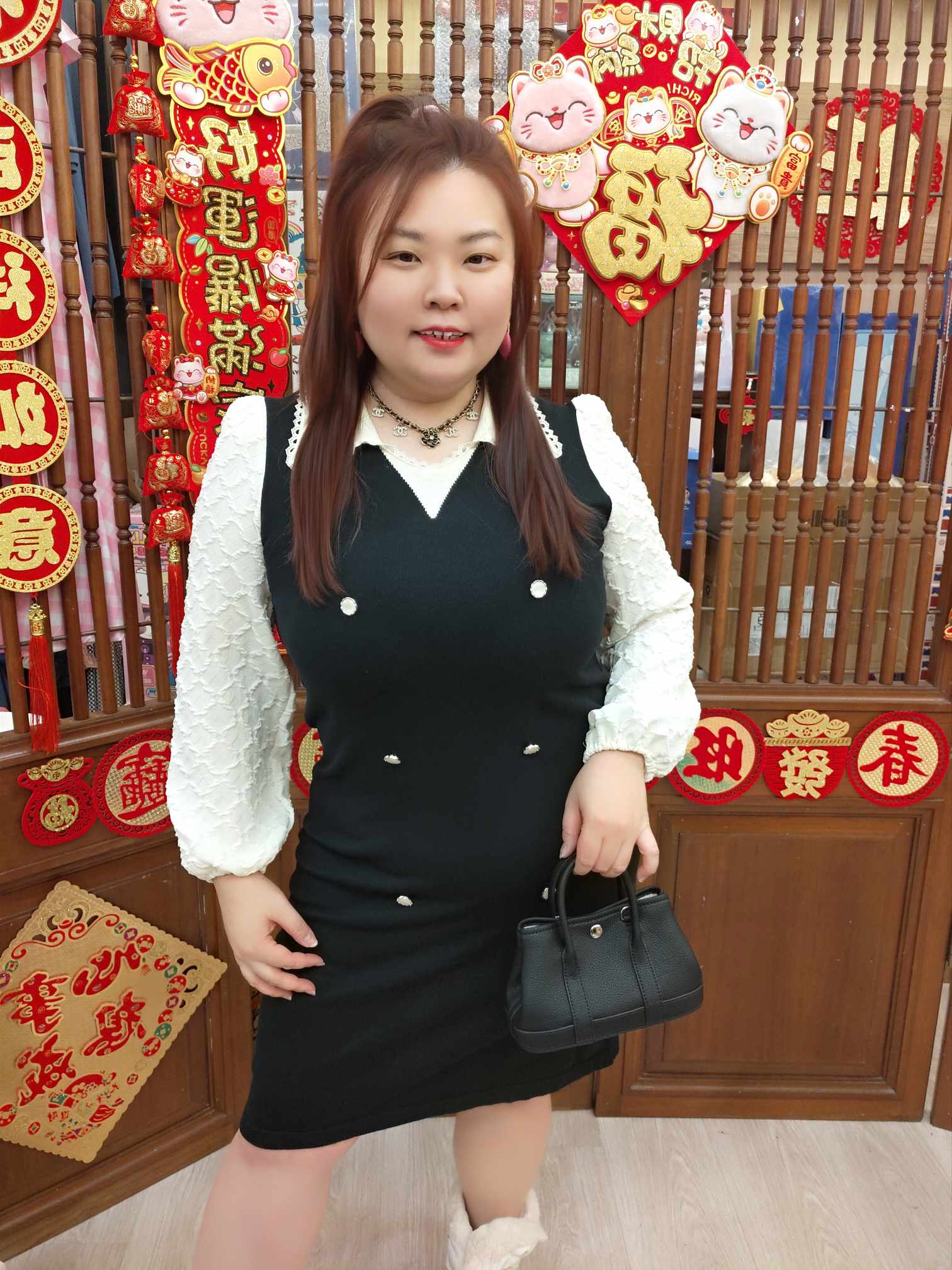 NBA08 YY0503 假两件菱纹长袖连衣裙（胸围 130-140CM）