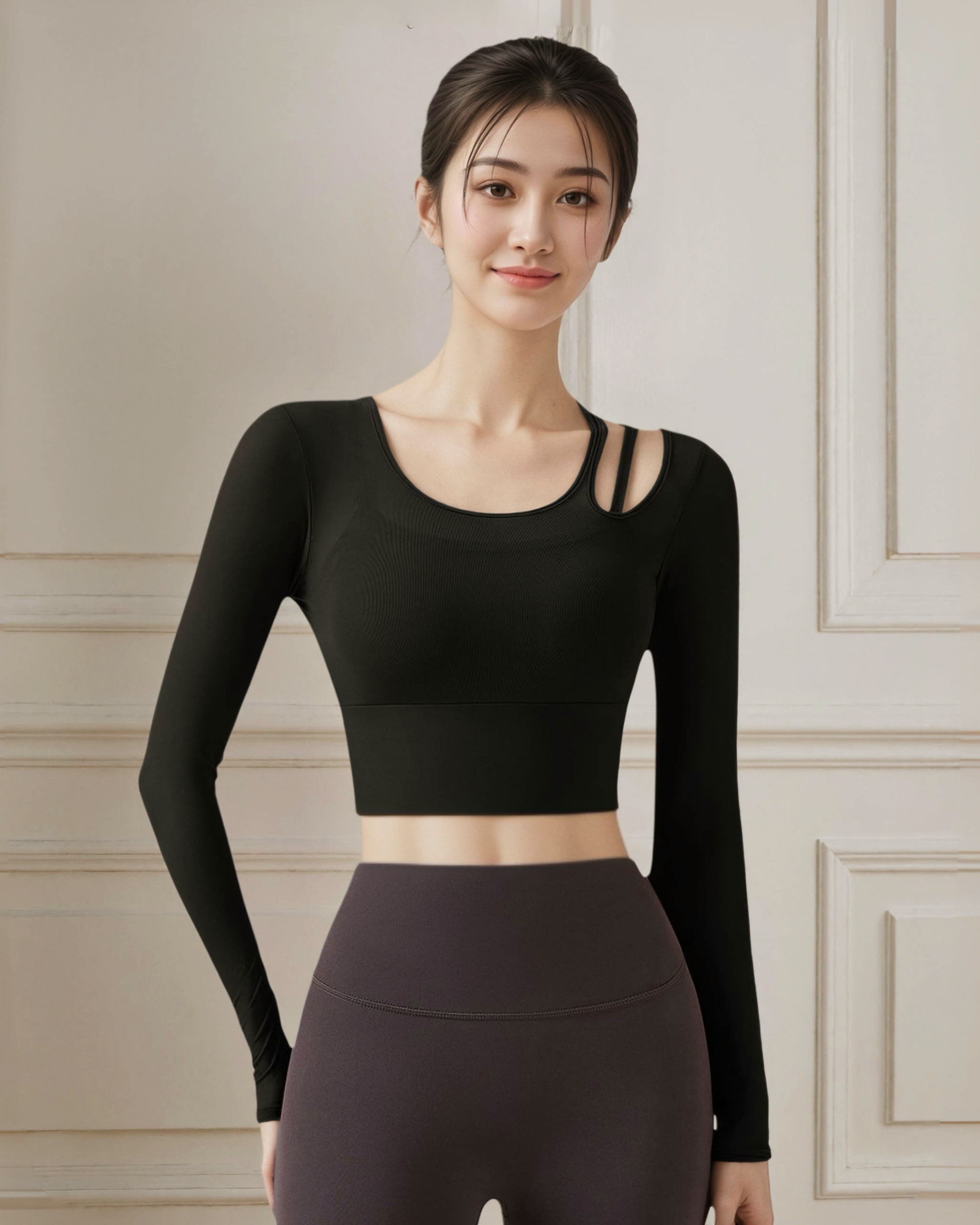 單肩鏤空網紗假兩件瑜珈長袖上衣