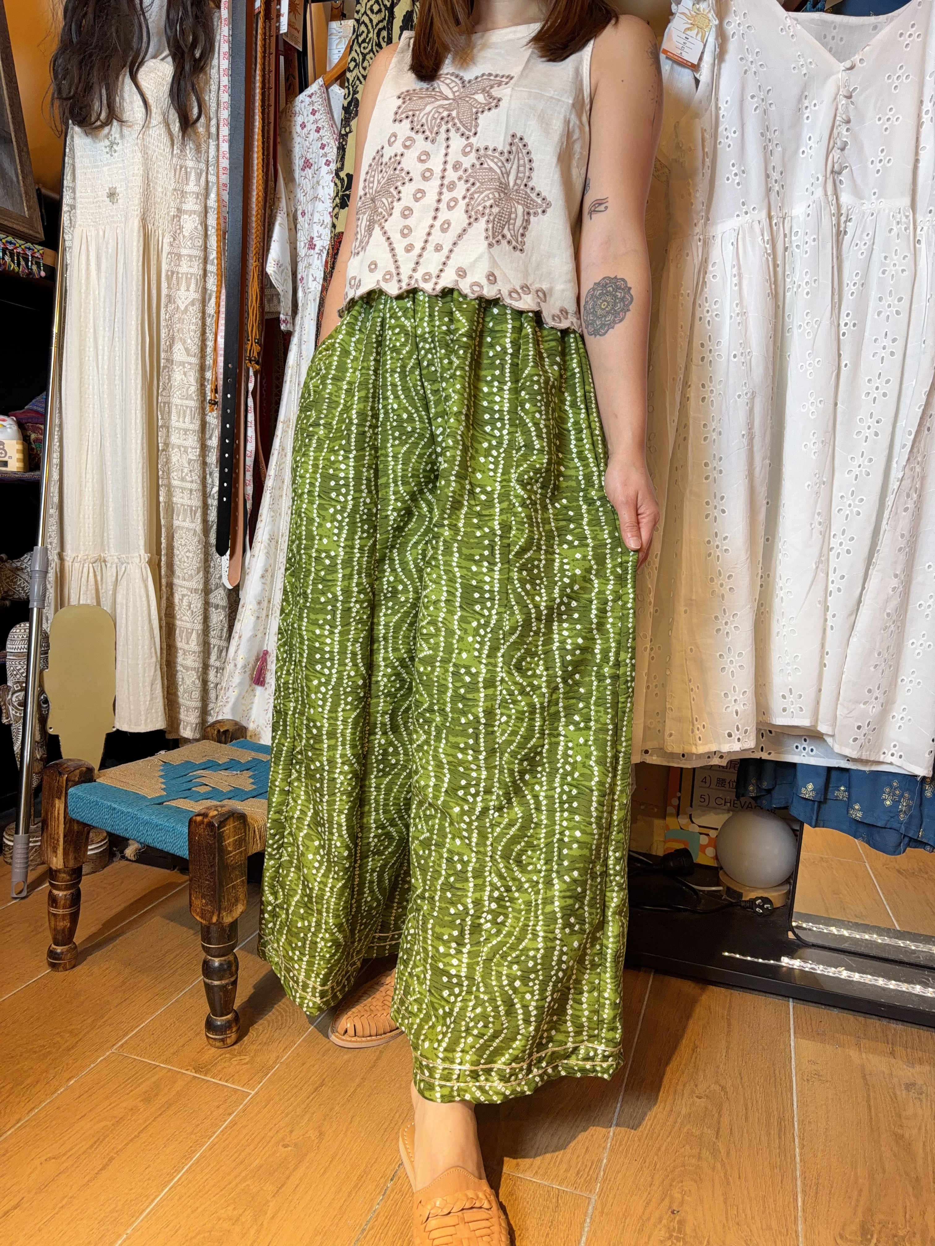 1677 Mix Green Striaght Wavey Wide Legs Pants 37"