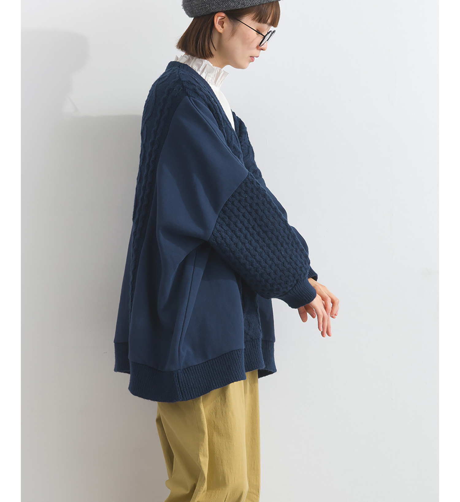 LP - 織紋拼接開襟外套 (深藍色)