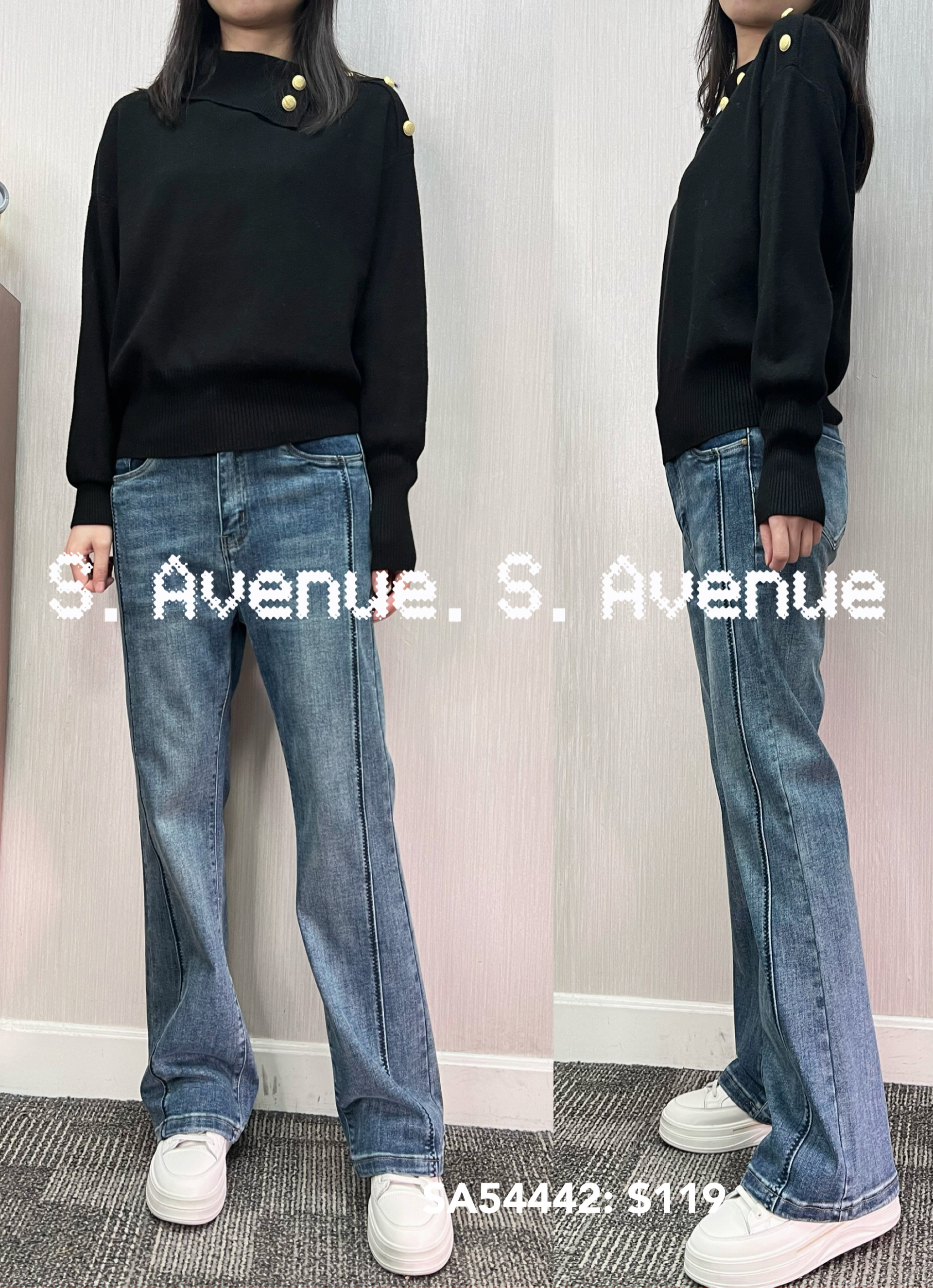 SA54442: 長袖鈄反領側有鈕小蝙蝠冷top