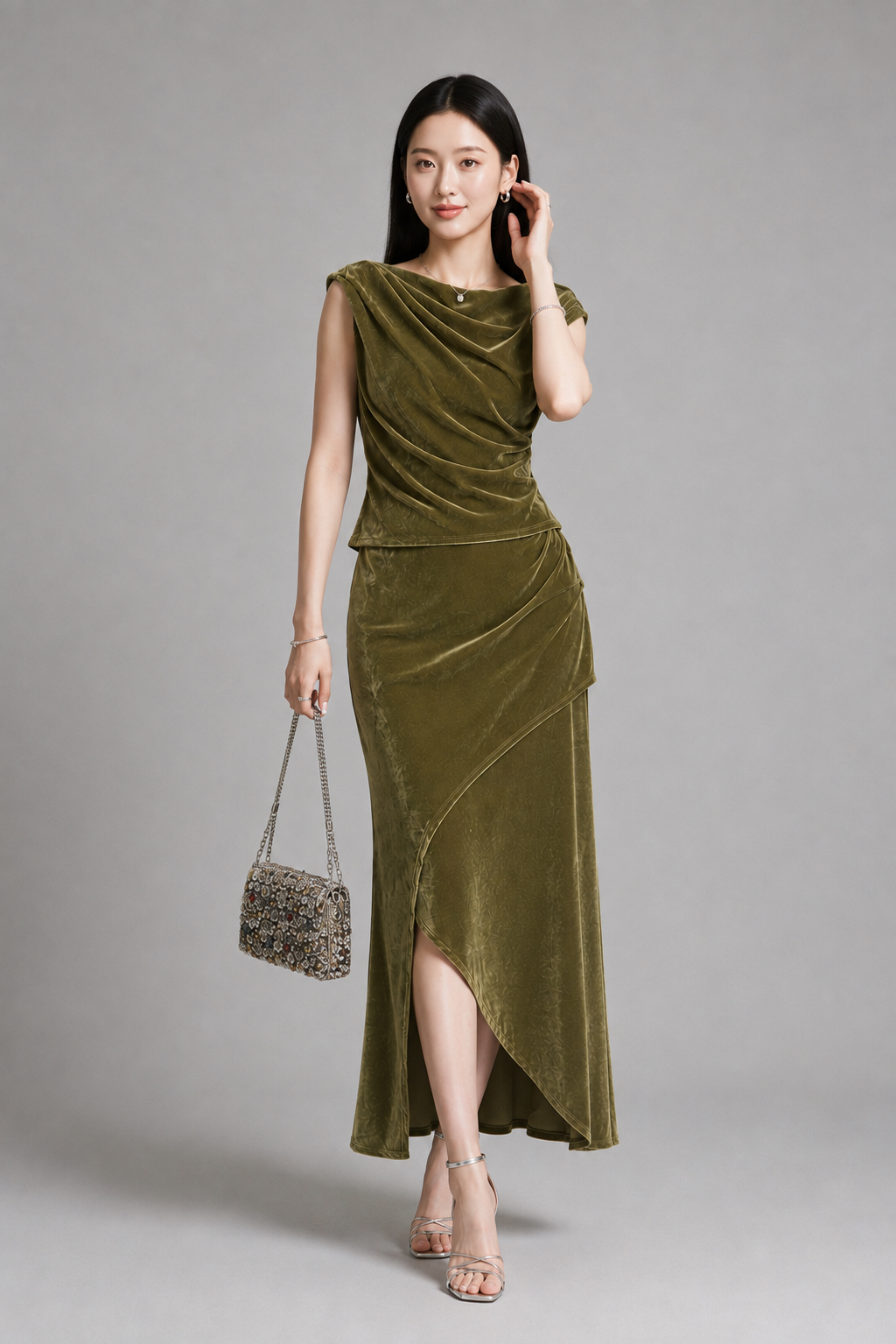 601162 Aqua Asymmetric Draped Maxi Skirt