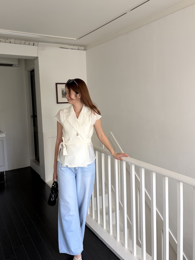 Silky Belted Wrap Blouse (Ivory)