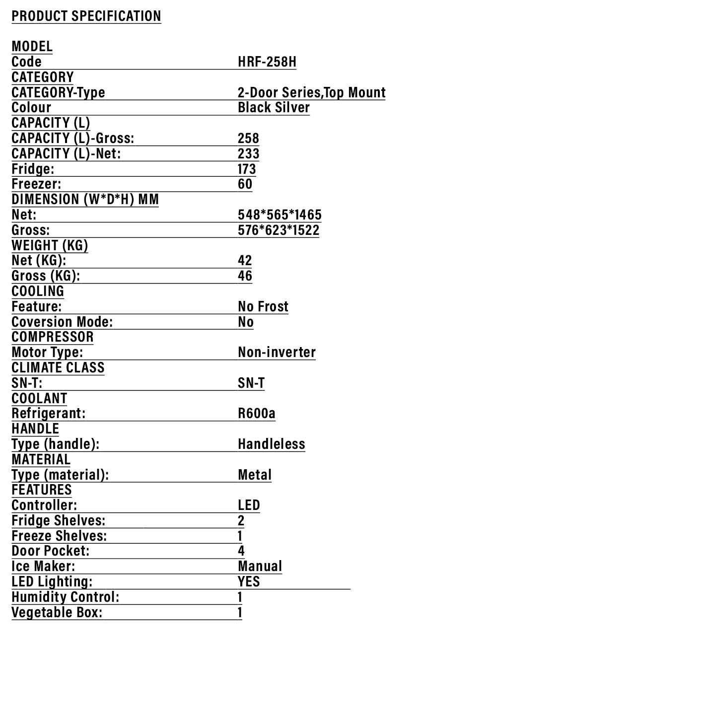 Haier 258L 2-Door Refrigerator (HRF-258H)