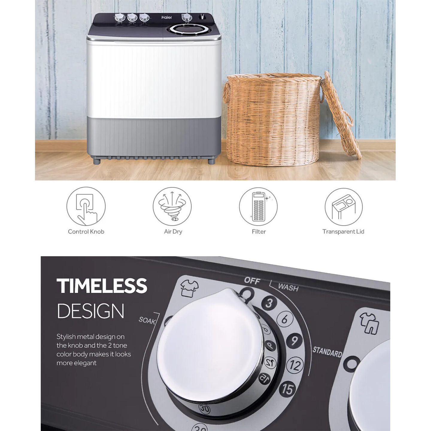 Haier 10.5kg Twin Tub Semi-Auto Washing Machine (HWM105-M186)