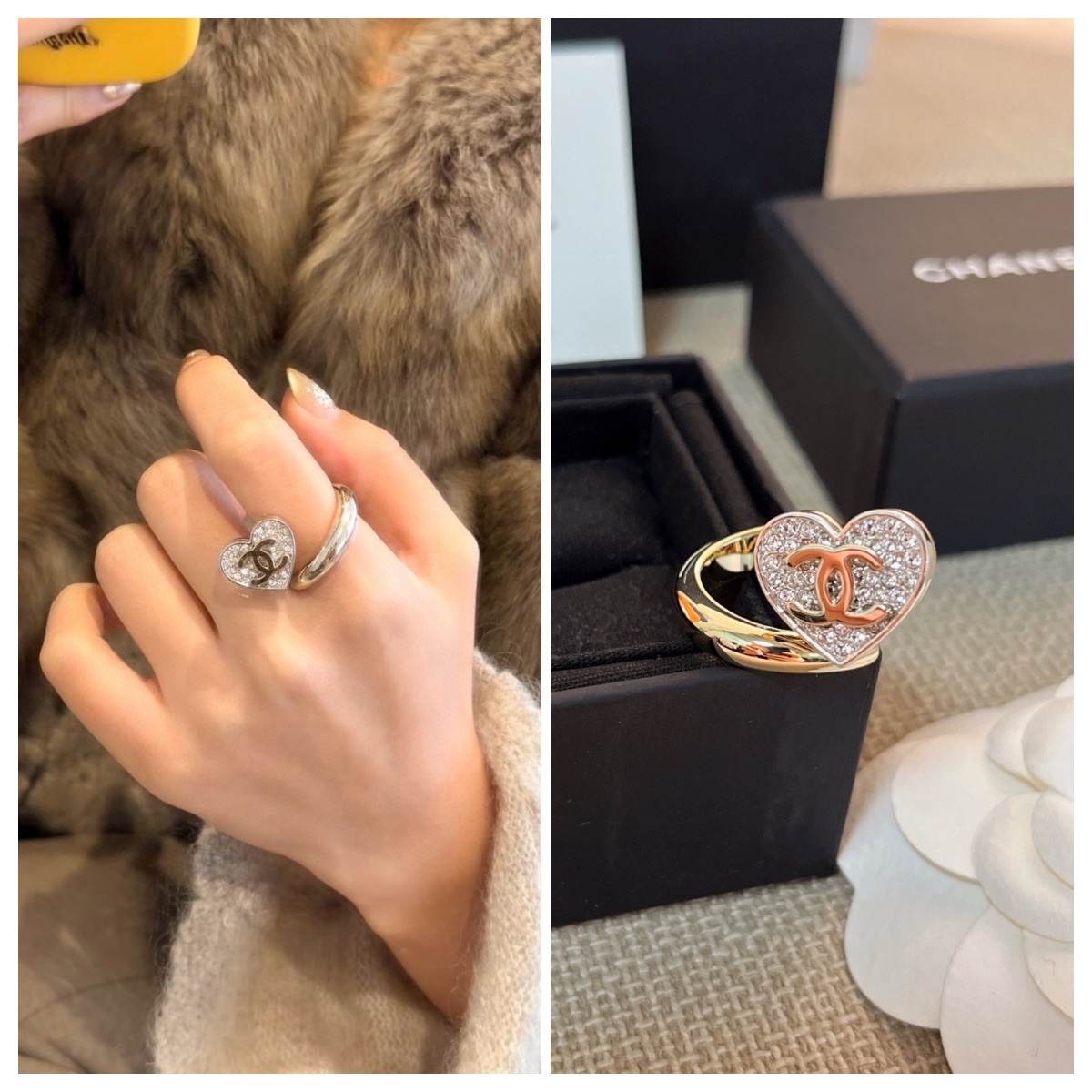 【原單】Chanel 滿鑽愛心金CC戒指  