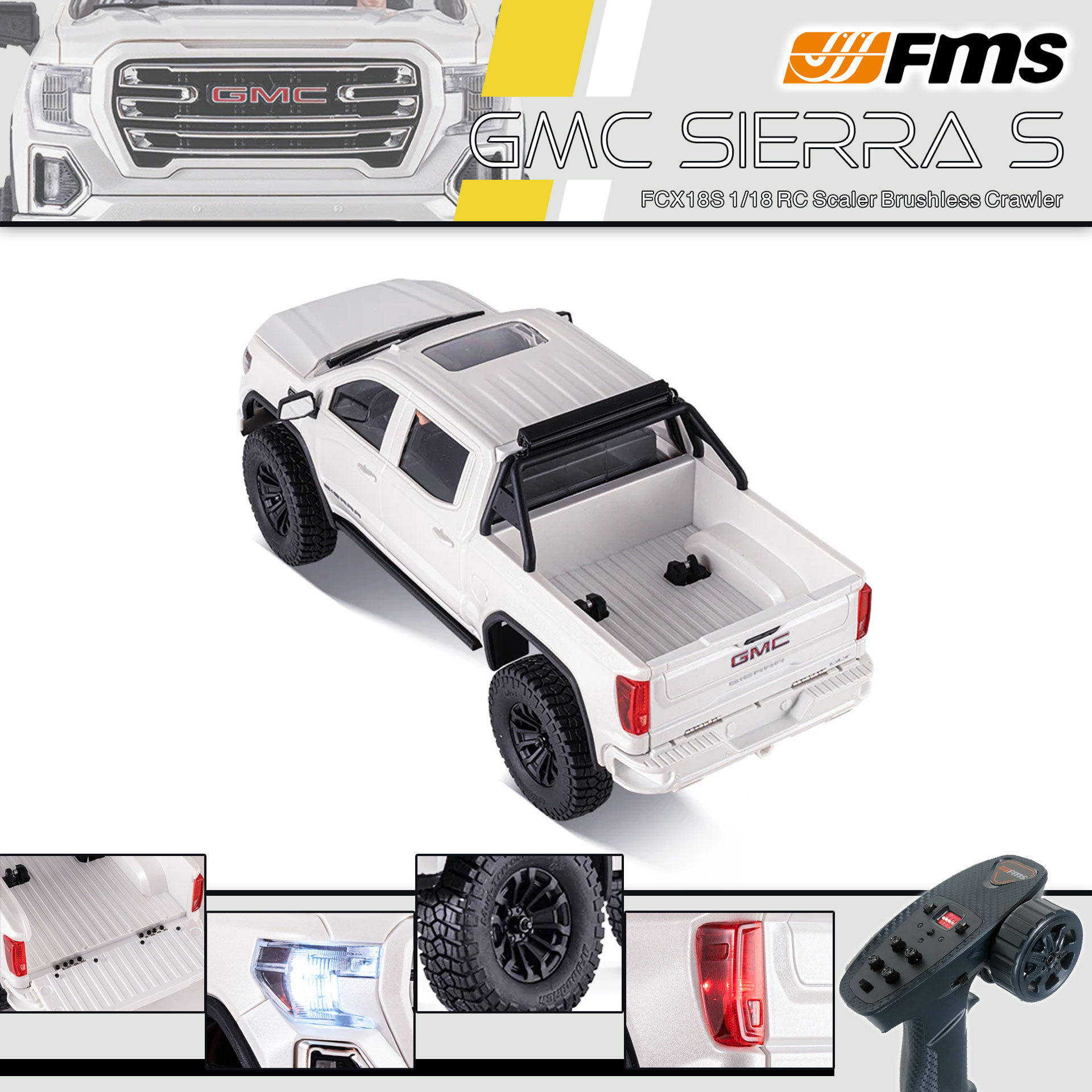 全新 FMS FCX18S 1:18 GMC Sierra S RTR Brushless | General Motors LLC授權 | 無刷版本 | 聯動指揮燈 | 2段機械變速 | 迷你慢爬車 | 遙控車 | 像真迷你遙控車