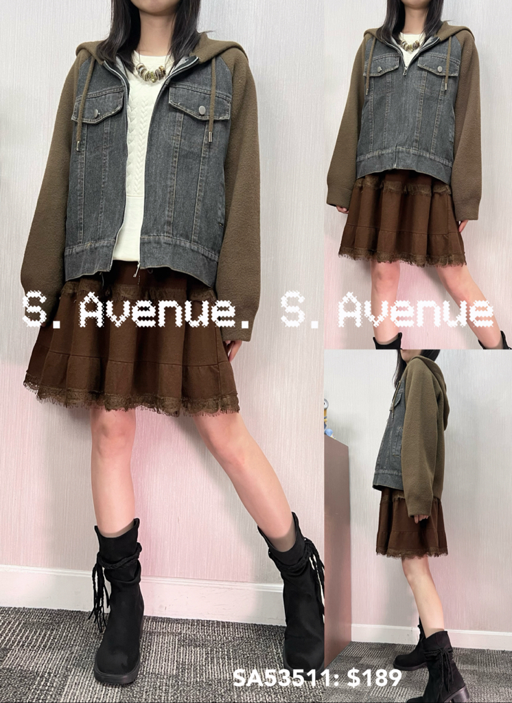 SA53511: 長袖有帽韓國絨拼牛仔拉錬褸