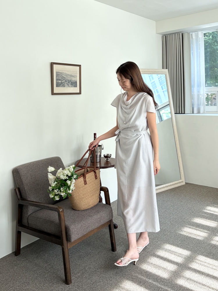 Draped Neck Dress with Inner Slip (Misty Blue)