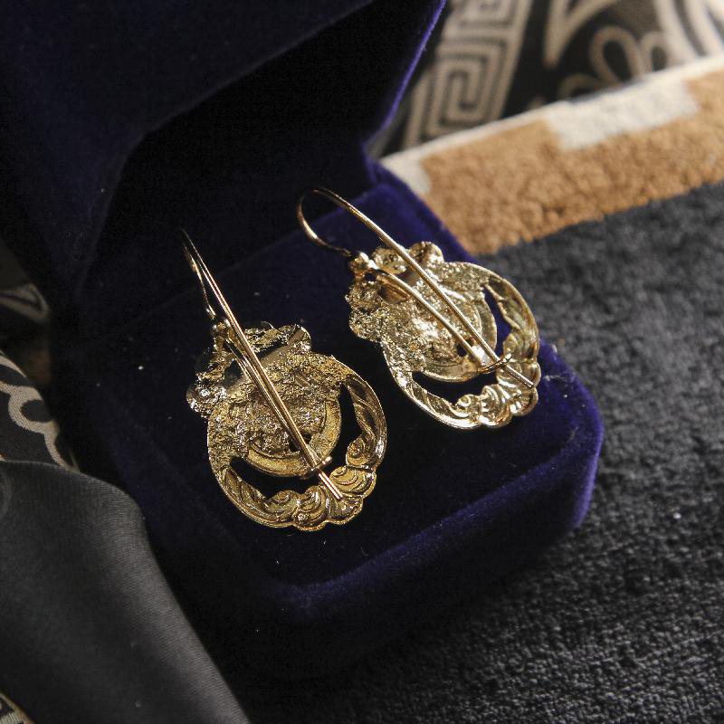 Made In Florence Gold Plated Victorian Rosy Garnet Embossed Hook Earrings (NHIT34)