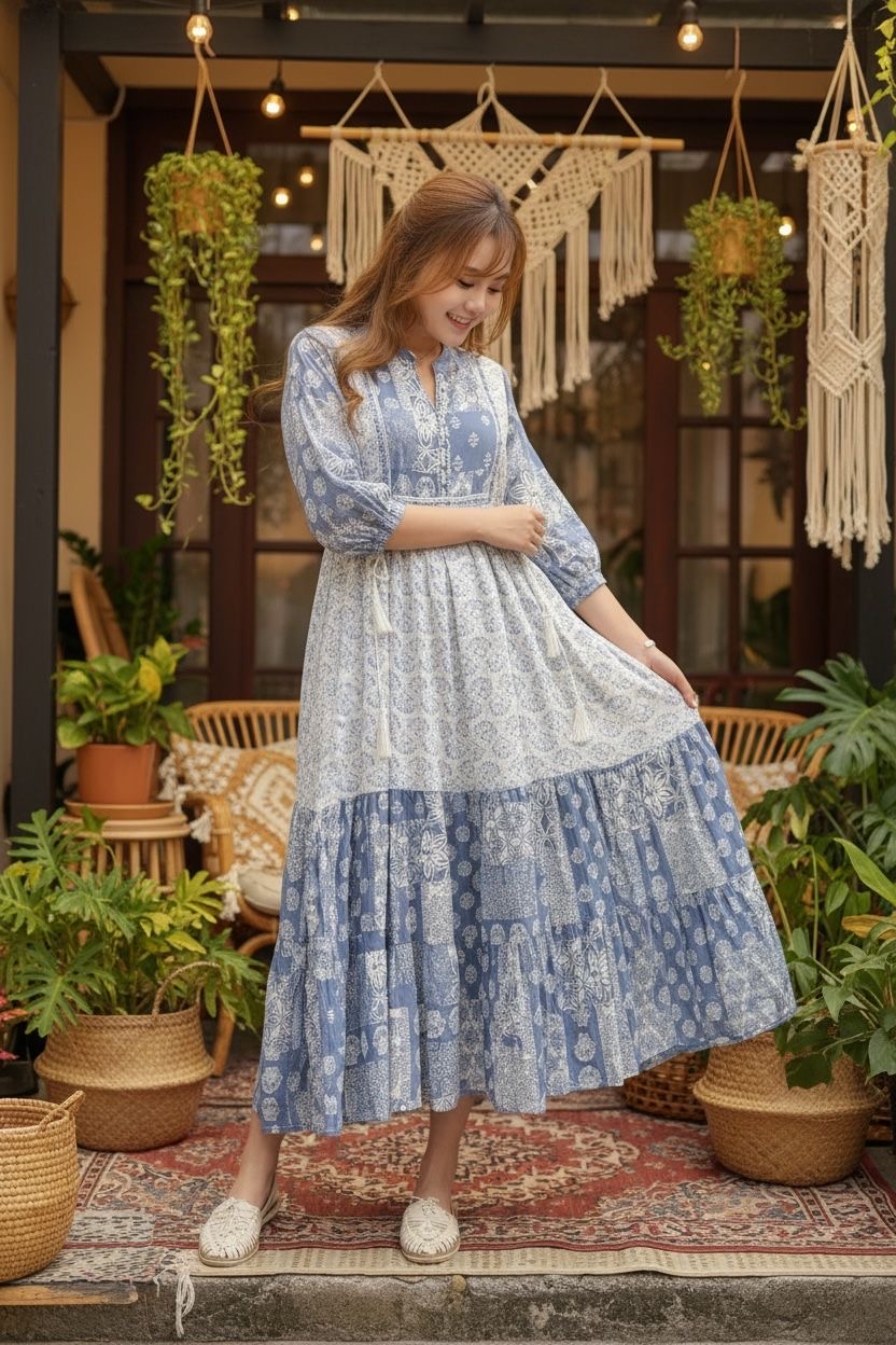 Blue X White Floral 4-Rope Patchwork OP 48" #1104