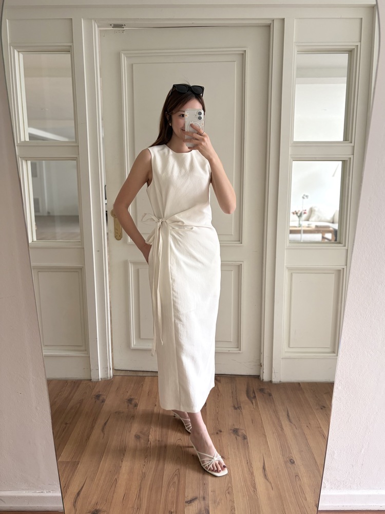 Gathered Waist Tie Dress (Ivory)