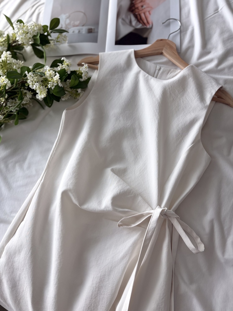 Gathered Waist Tie Dress (Ivory)