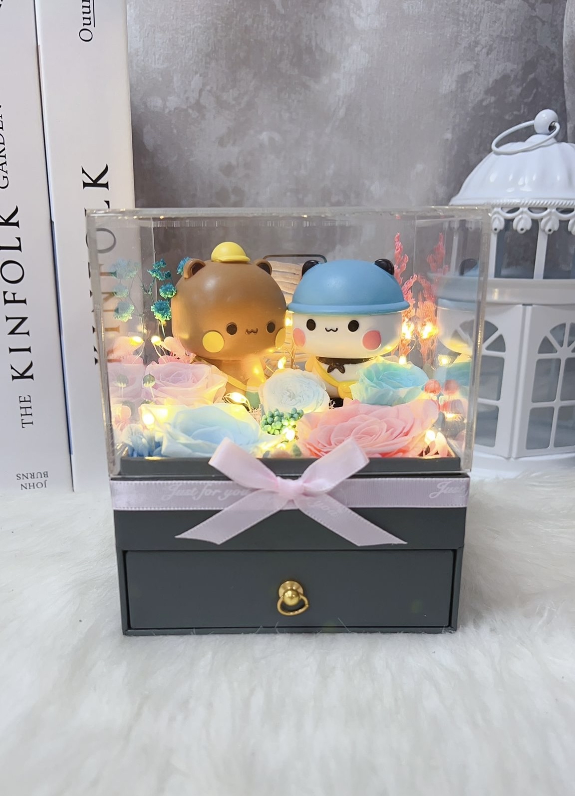 一二布布粉紅藍玫瑰永生花花盒