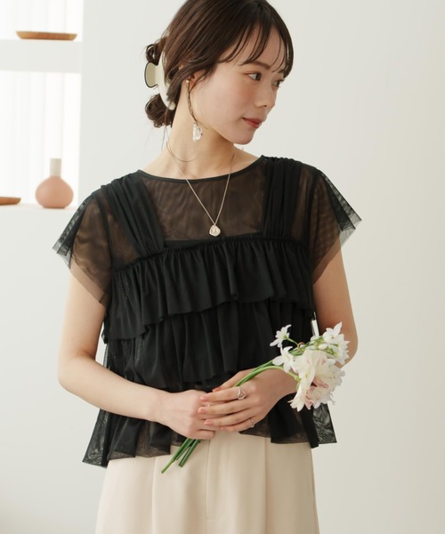 薄紗荷葉邊法式袖上衣【JT037】