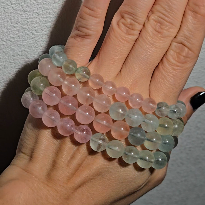 Morganite bracelets with 9mm beads in pink, blue, and green - MGN21
