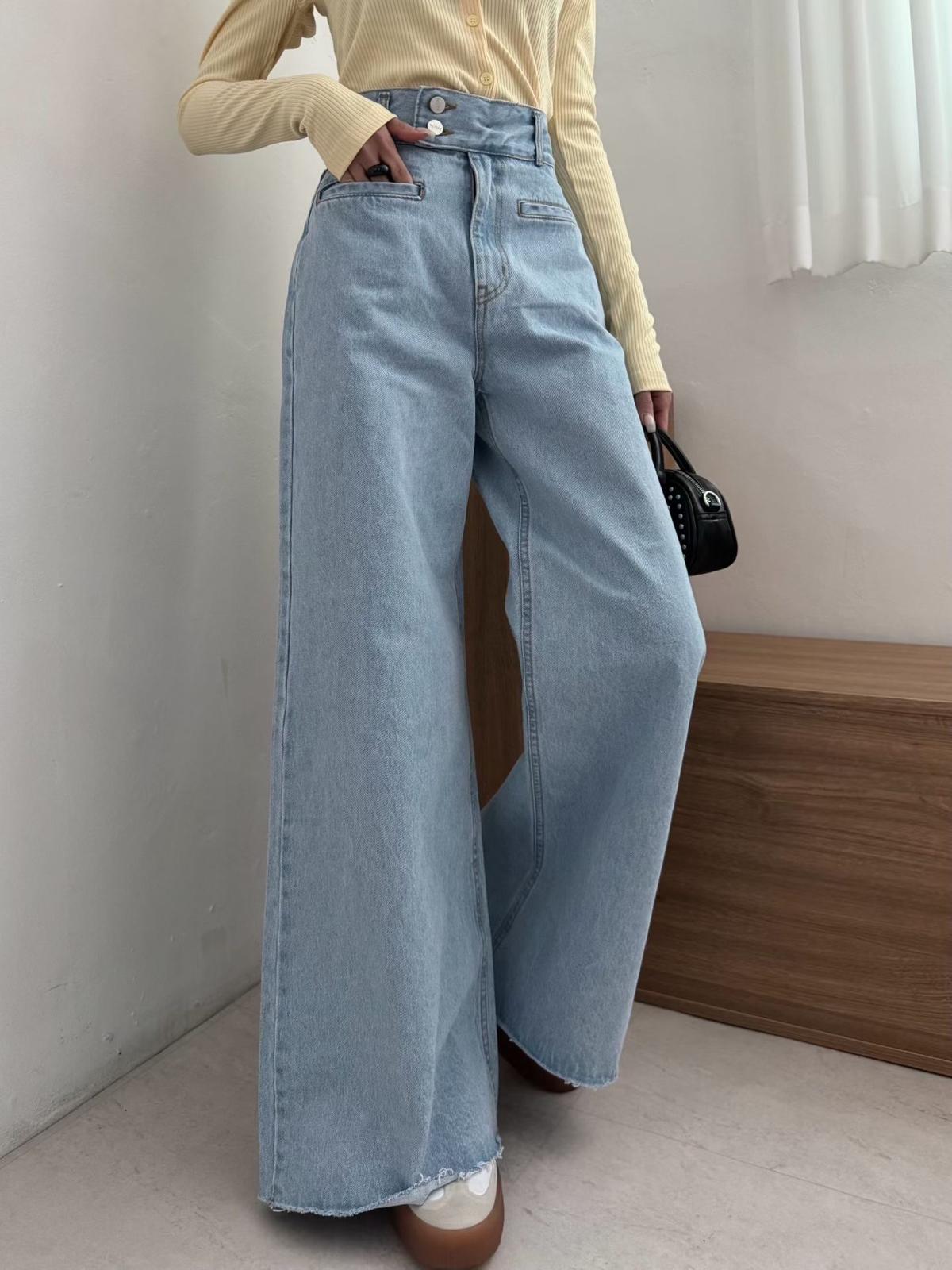 側扣高腰牛仔褲