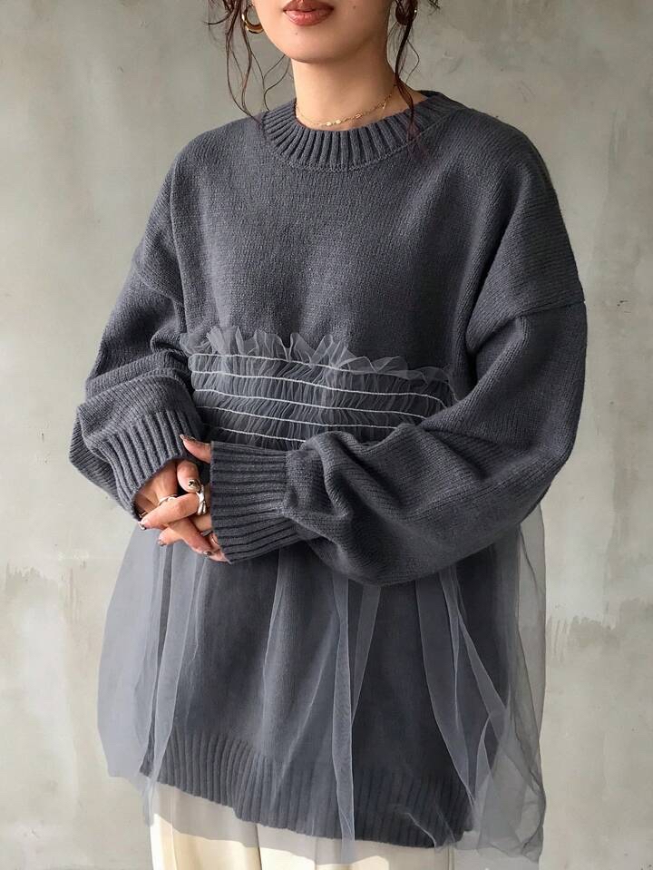 優雅針織拼接薄紗上衣