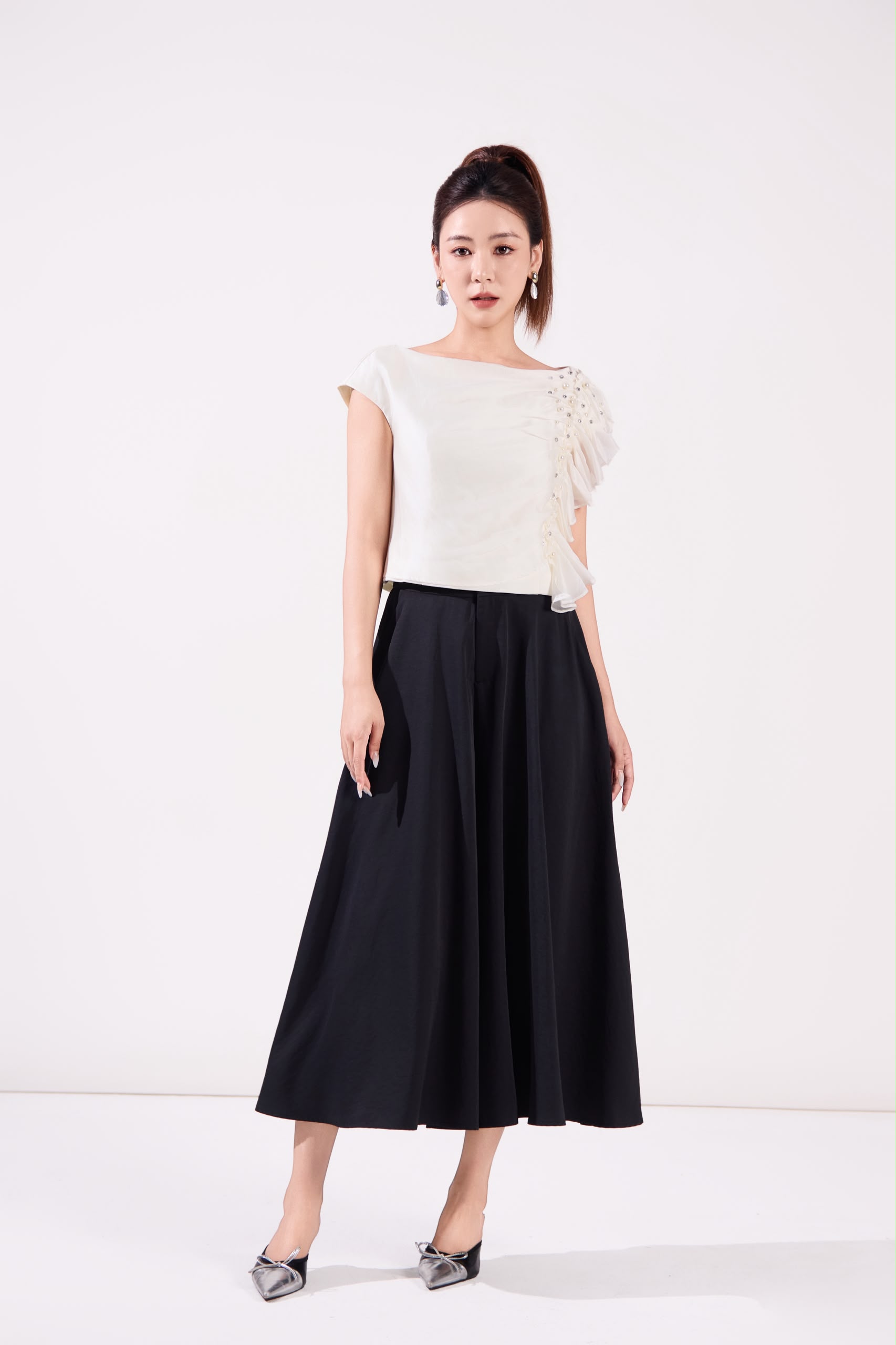 10141364 Pearl Ruffle Draped Blouse