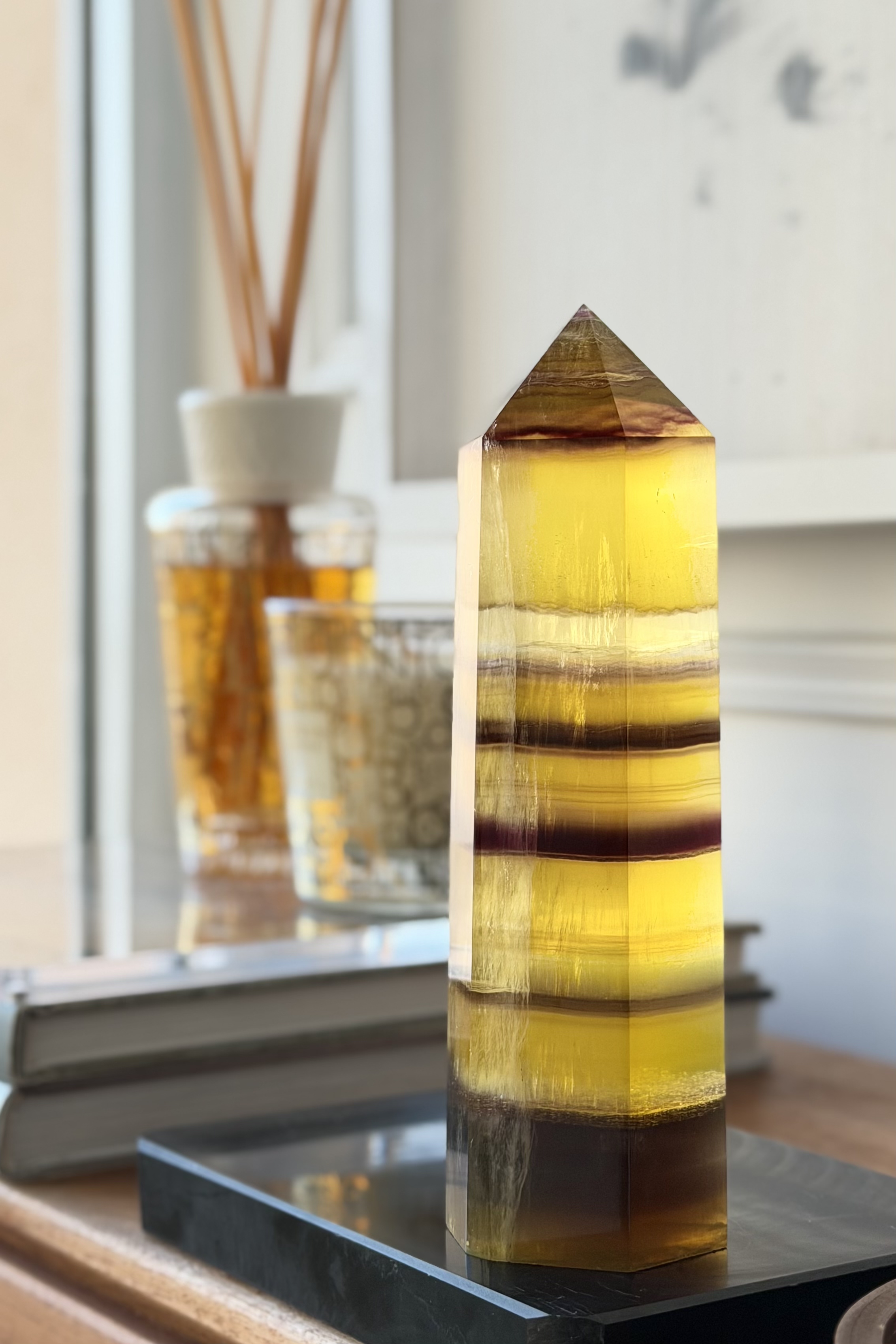  ༒18.6cm+黃螢石千層紋六角柱༒ FL.3502C82G10FM-RB5*