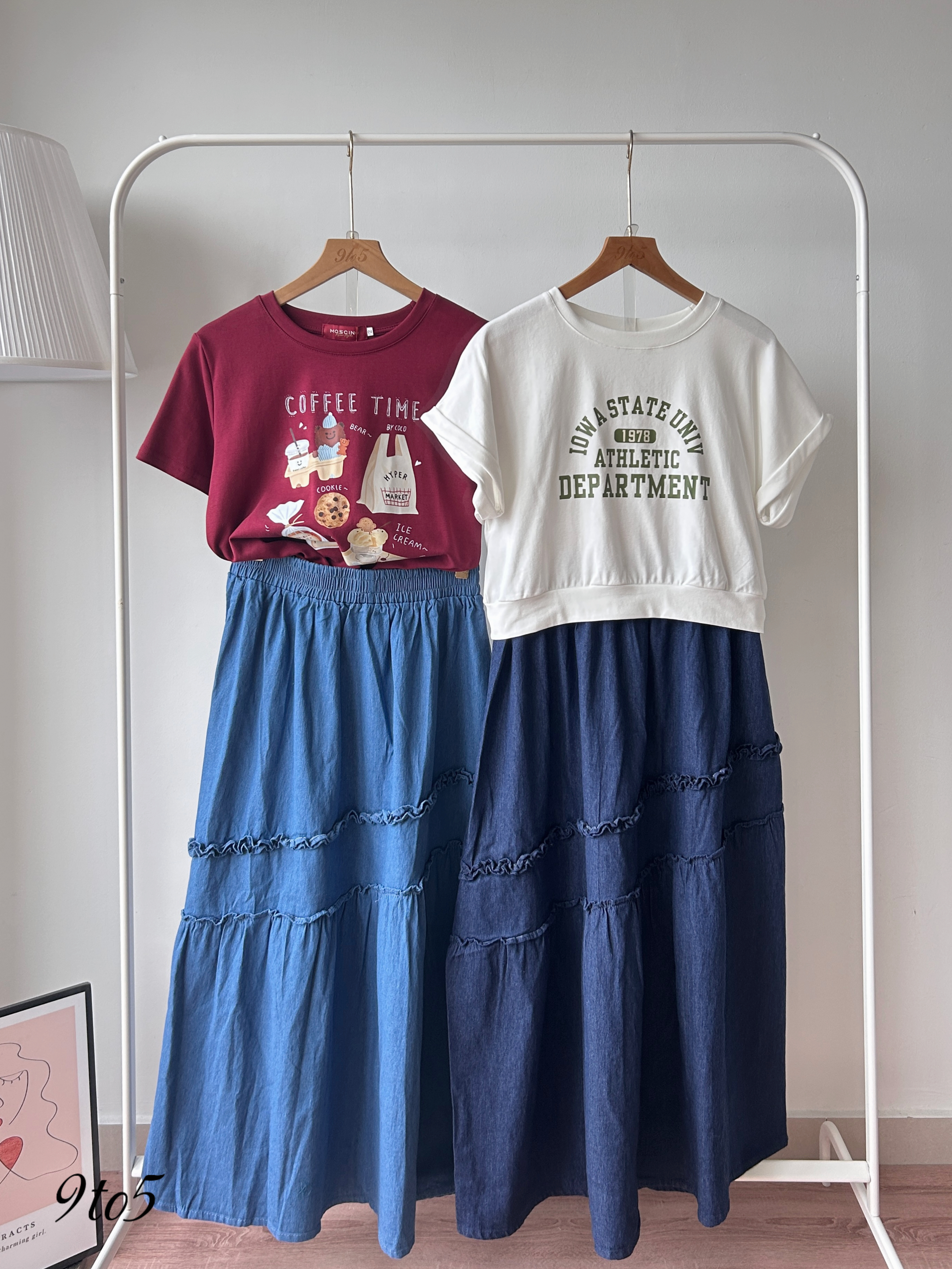 S2051 A Line Denim Skirt - Dark Blue & Light Blue