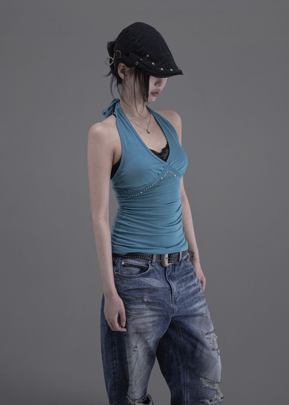 Studded Ruched Halterneck Top