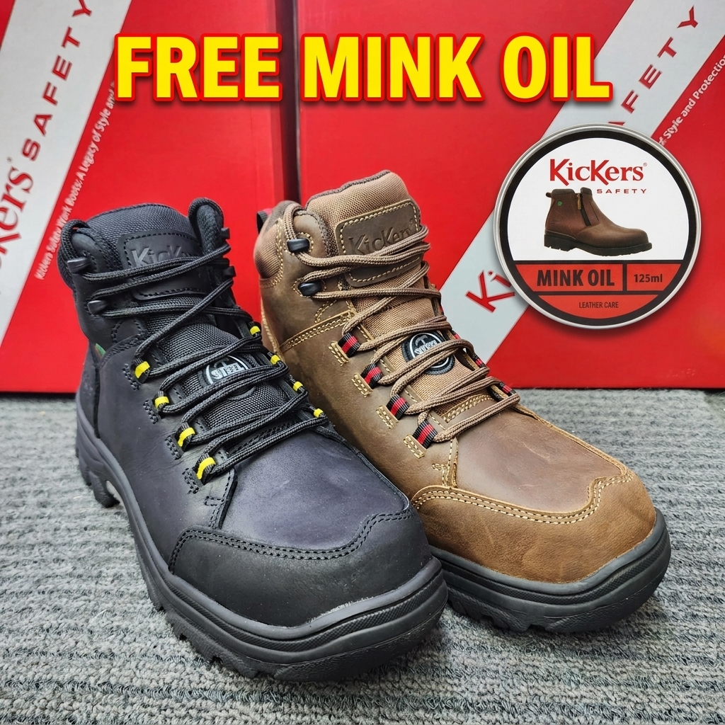 (FREE KICKER'S MINK OIL) KicKers Safety Shoes 1998 Black Brown Mid Cut Lace up Rubber sole Heavy Duty