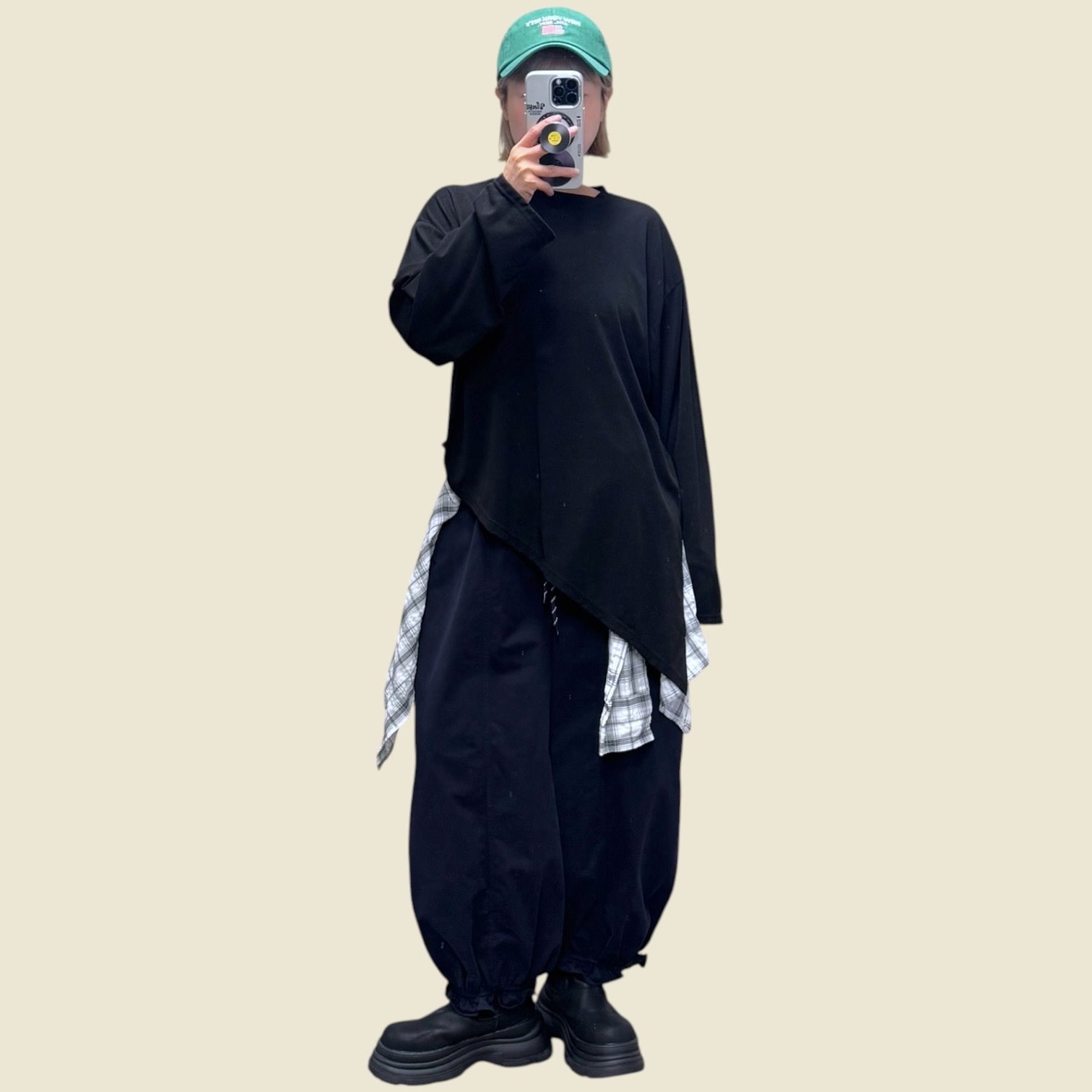 221488 格紋褲頭荷葉邊長褲