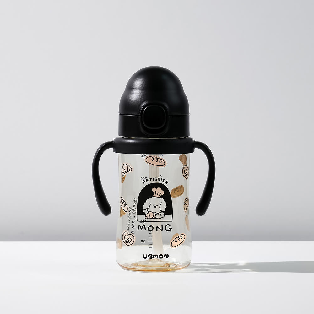 UBMOM PPSU特別版吸管杯 (黑色烘焙-牛角包萌萌狗 280ml) -標配彈蓋帶重力球及直飲管