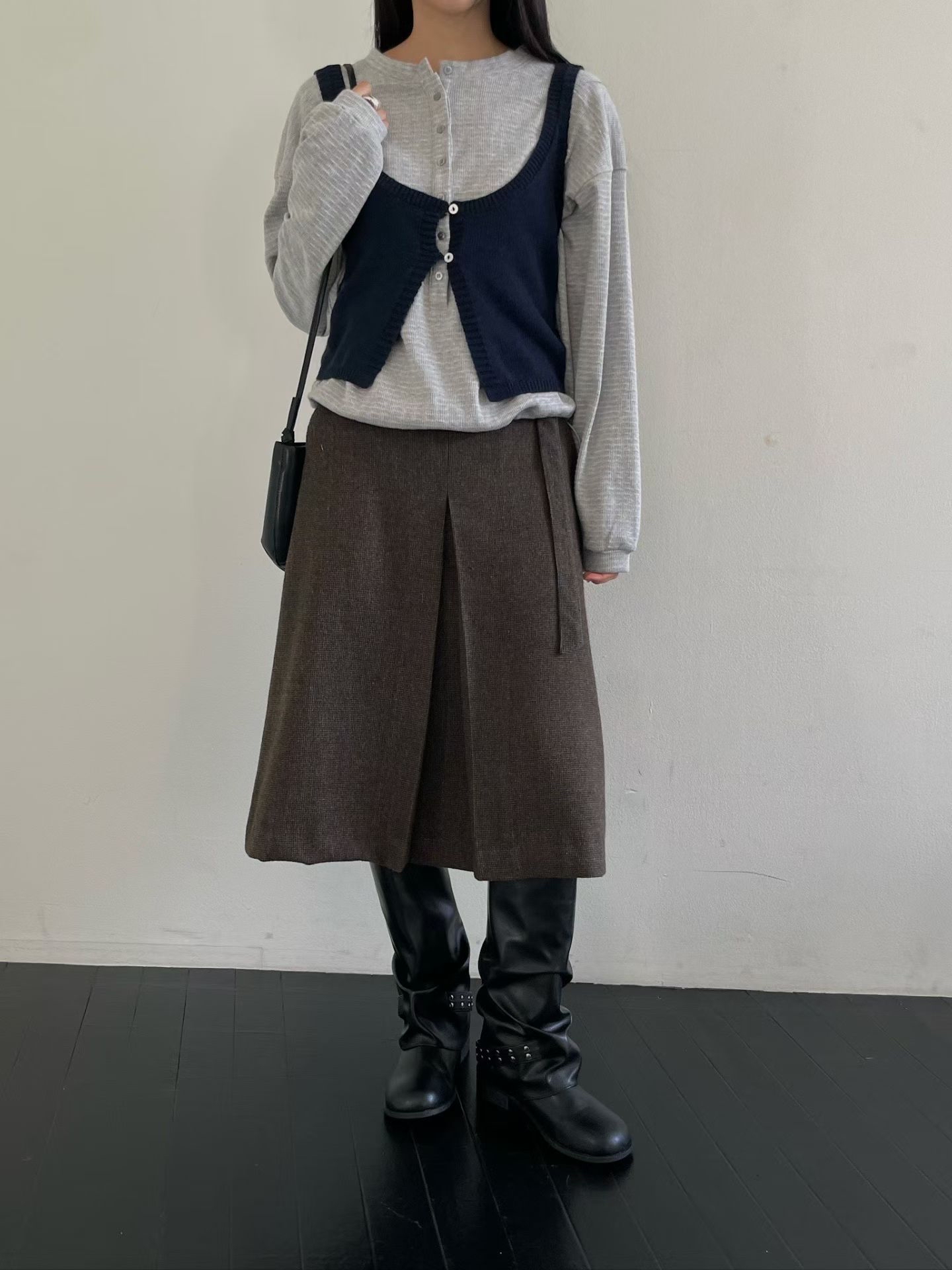 MILAE 復古格紋附腰帶前倒褶毛呢 A 字半身裙