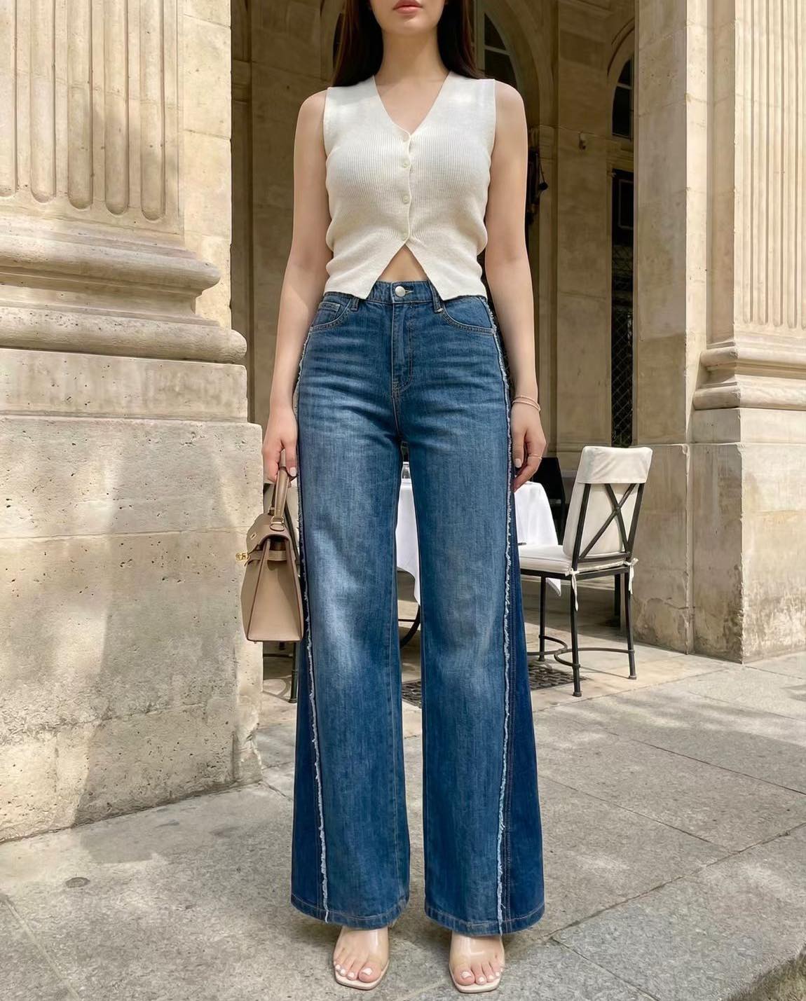 側拼色小喇叭牛仔褲