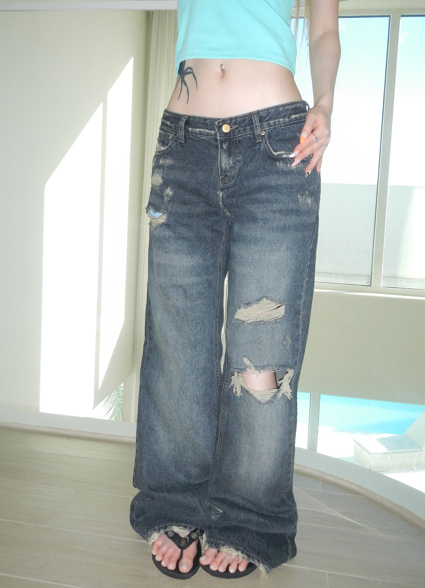 Washed Distressed Wide-Leg Denim