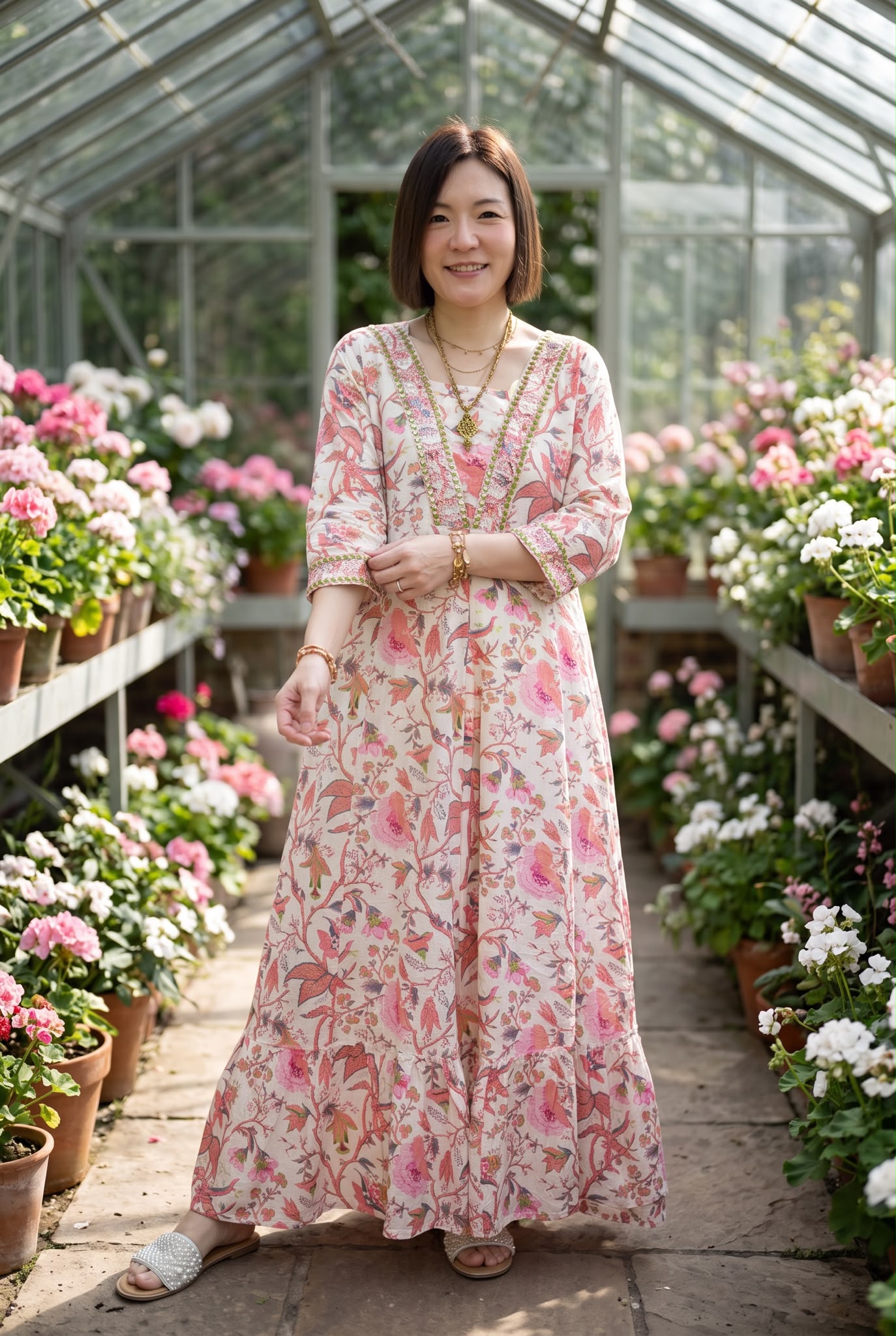 2924 Beige with Pink Floral Print with Beads Collar OP