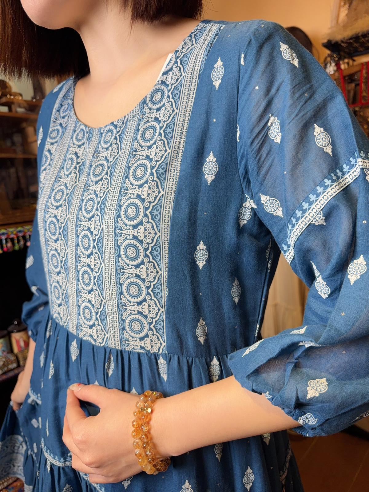 Navy Blue with White Mandala X Lace Print Short OP 38" #1356