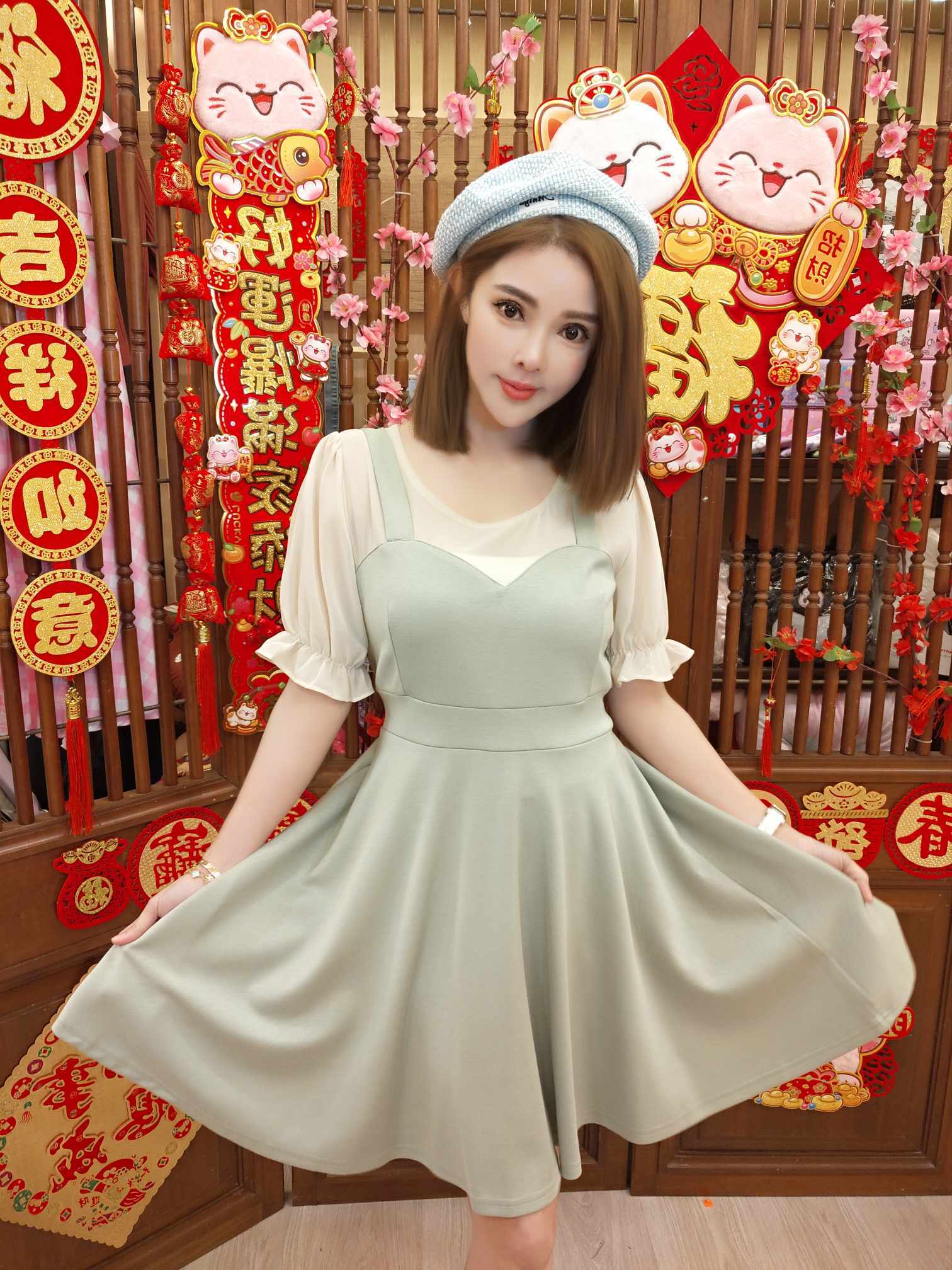 TW#5722 假两件泡泡袖连衣裙