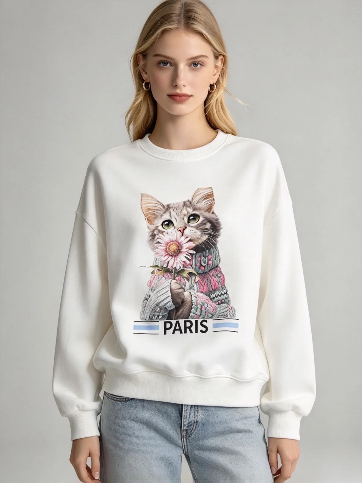 [訂購］A060 Knitted Cat & Sunflower Paris Sweatshirt