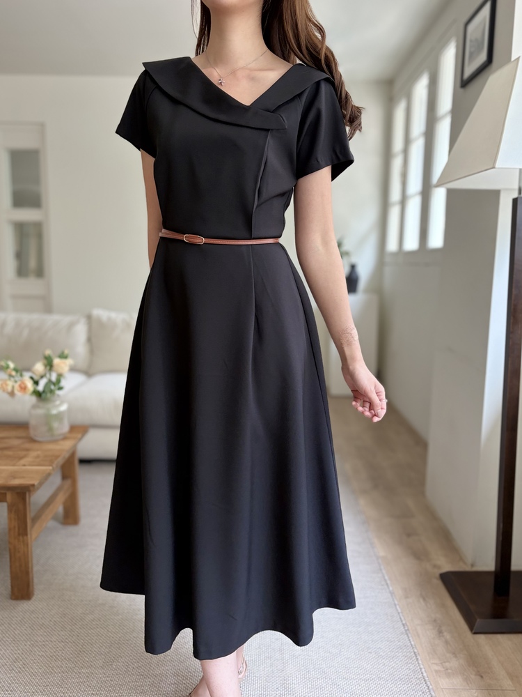 Sailor Collar Belted Dress (Black)