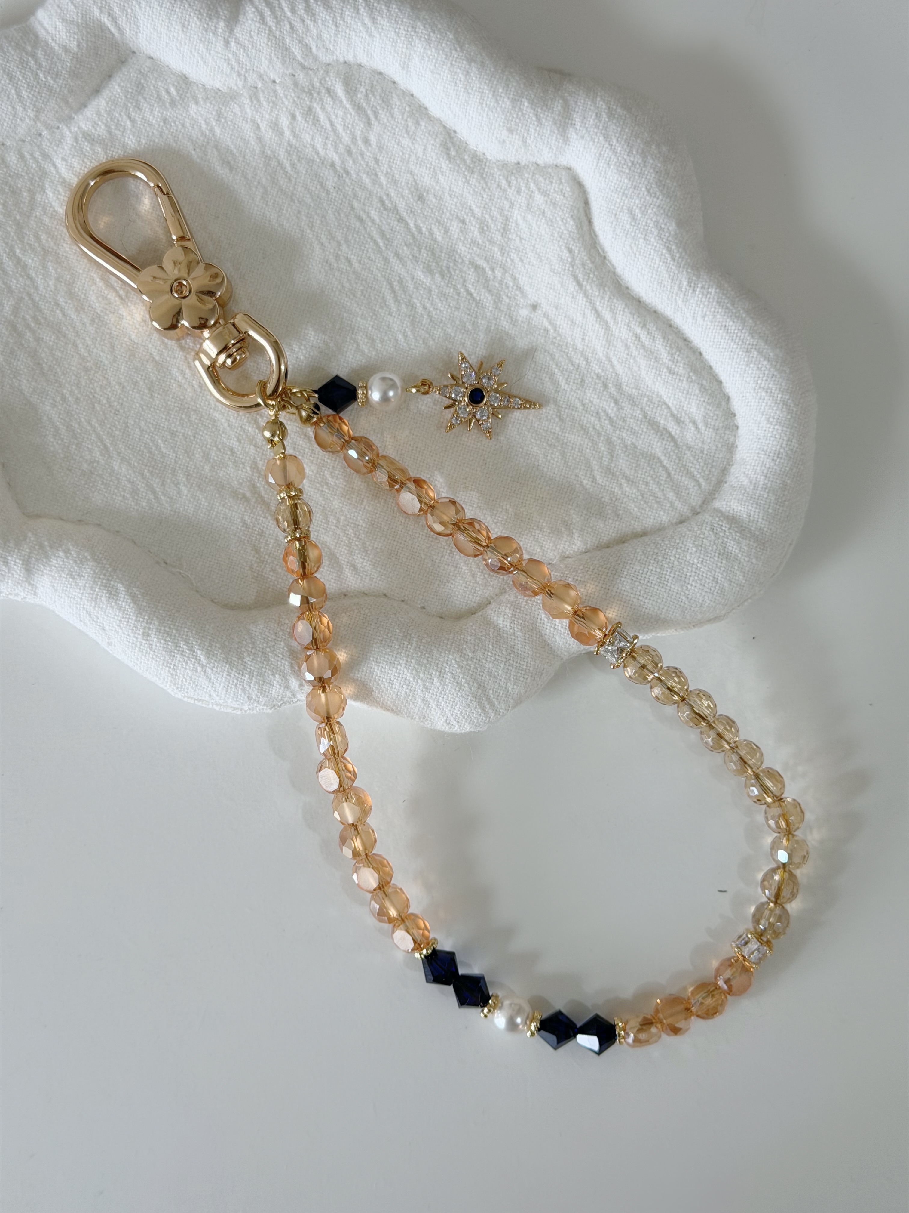 復古彩珠電話繩/ 藍寶石星星x蜜桃茶色