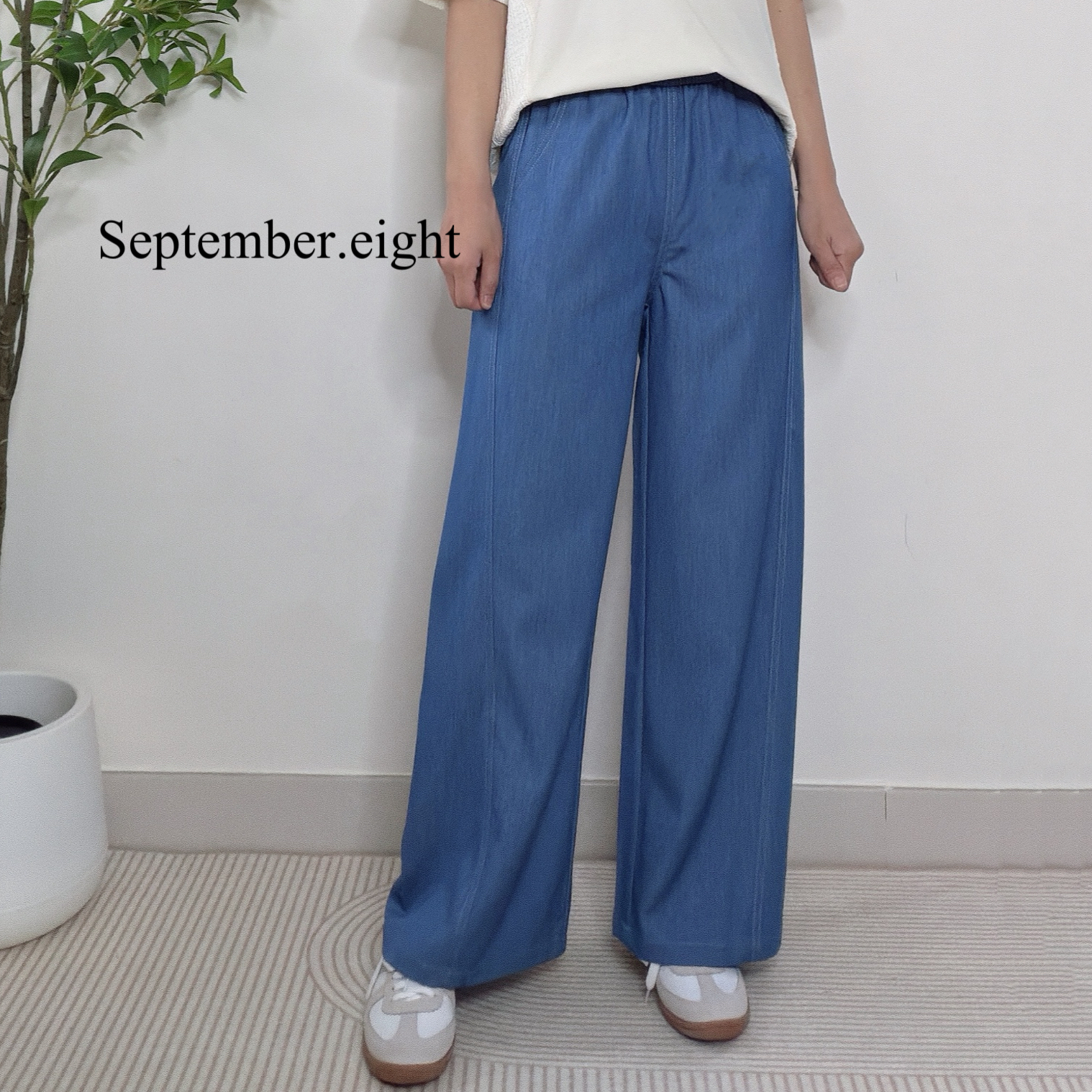 明線仿牛仔布闊褲