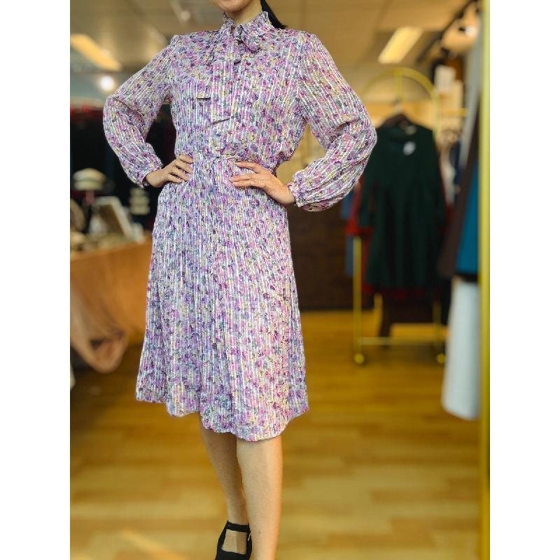 Vintage Purple Floral Pattern Tie Collar Pleated Chiffon Day Dress (MT2260-10)