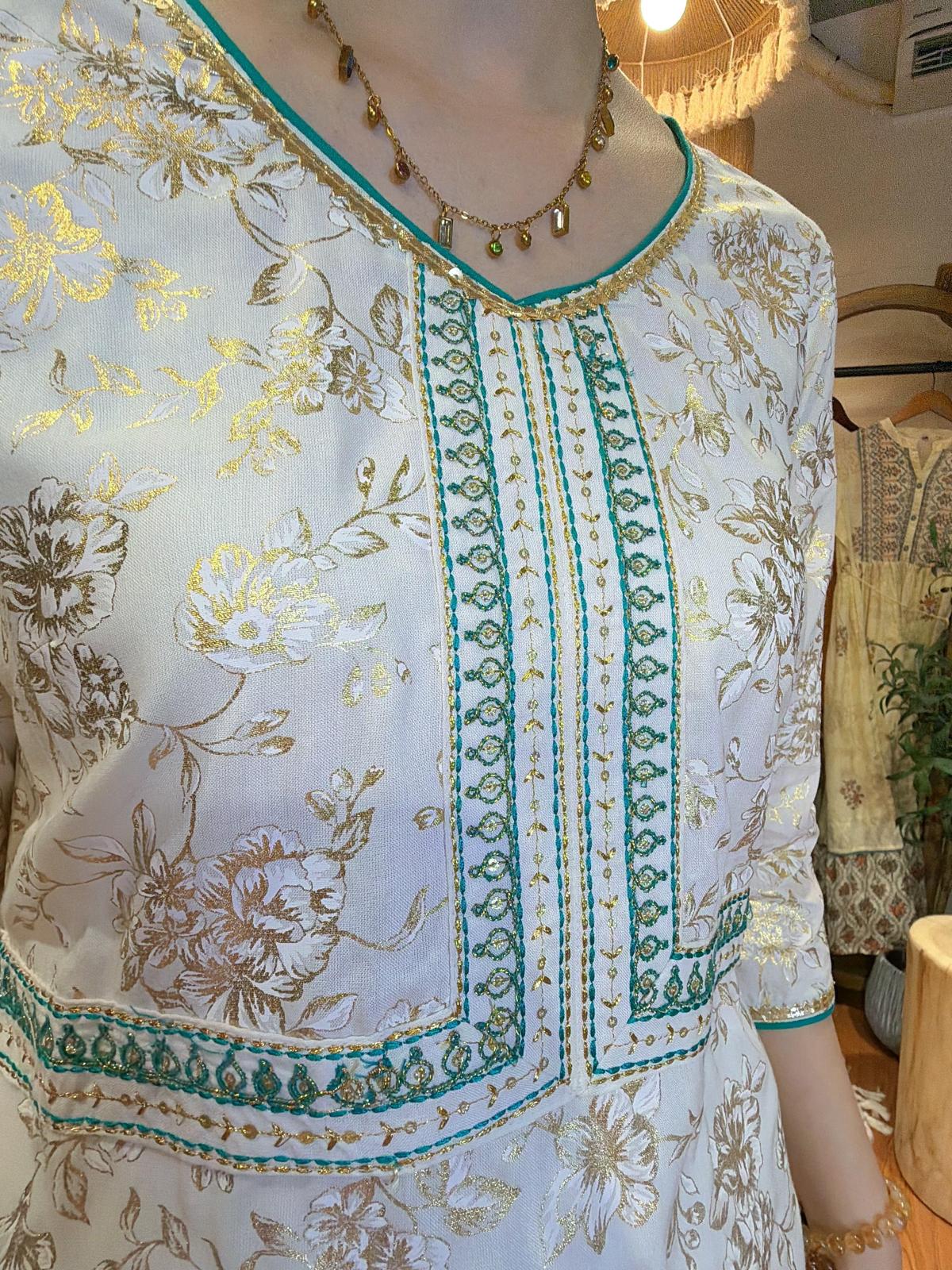 2158 White Golden stampling Kurta 44"