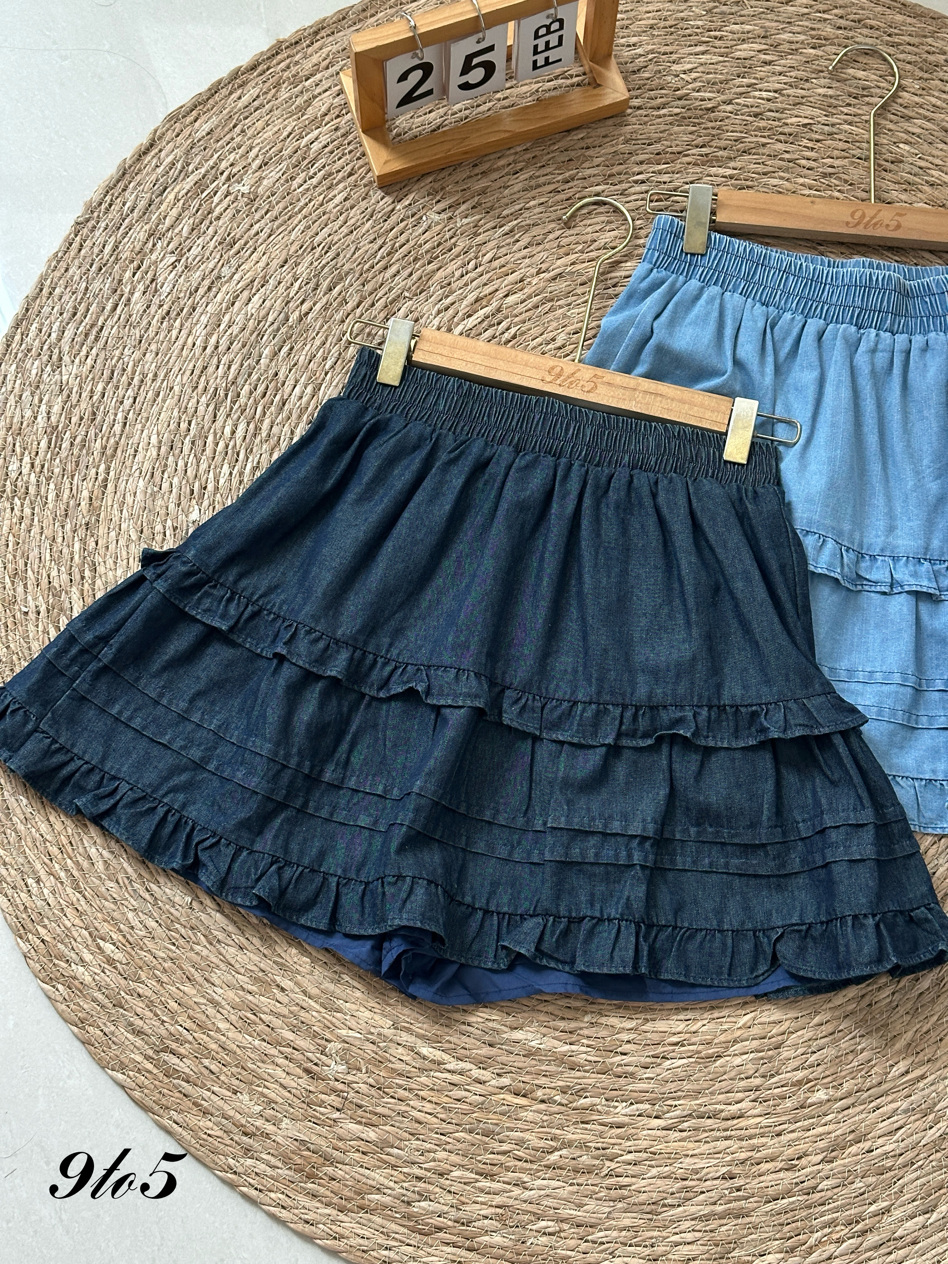 S1791 Denim Layered Short Skirt - Dark Blue & Light Blue