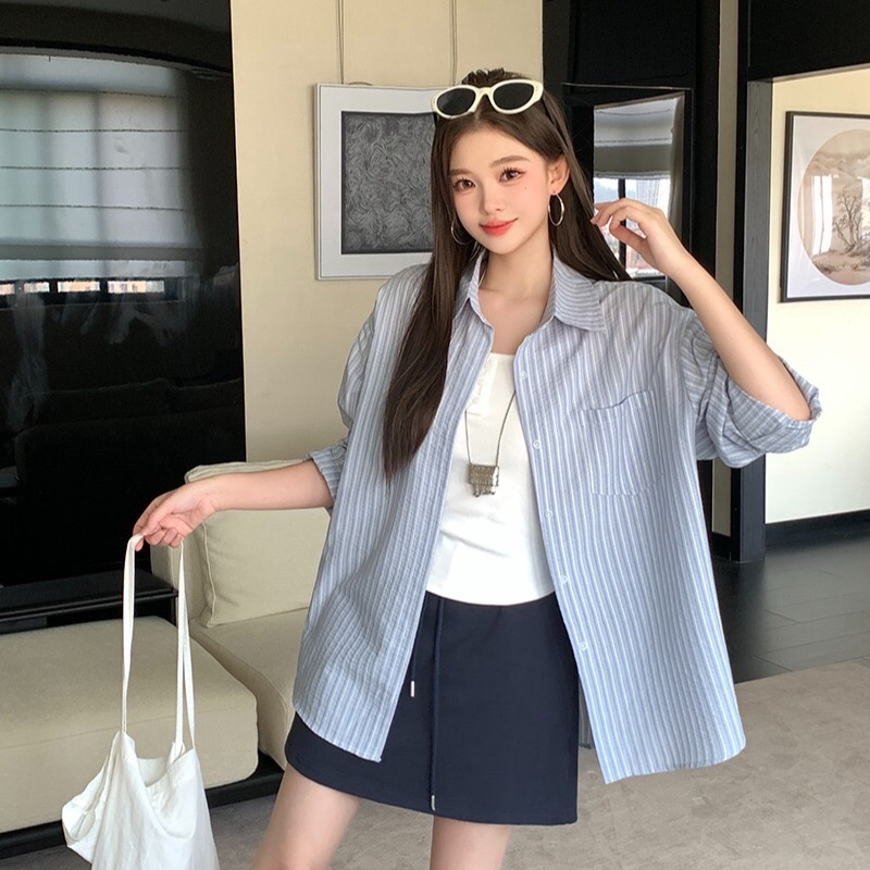 B276(36666) 韩版气质白吊带内搭与条纹蓝衬衫与蓝短裙三件套套装 