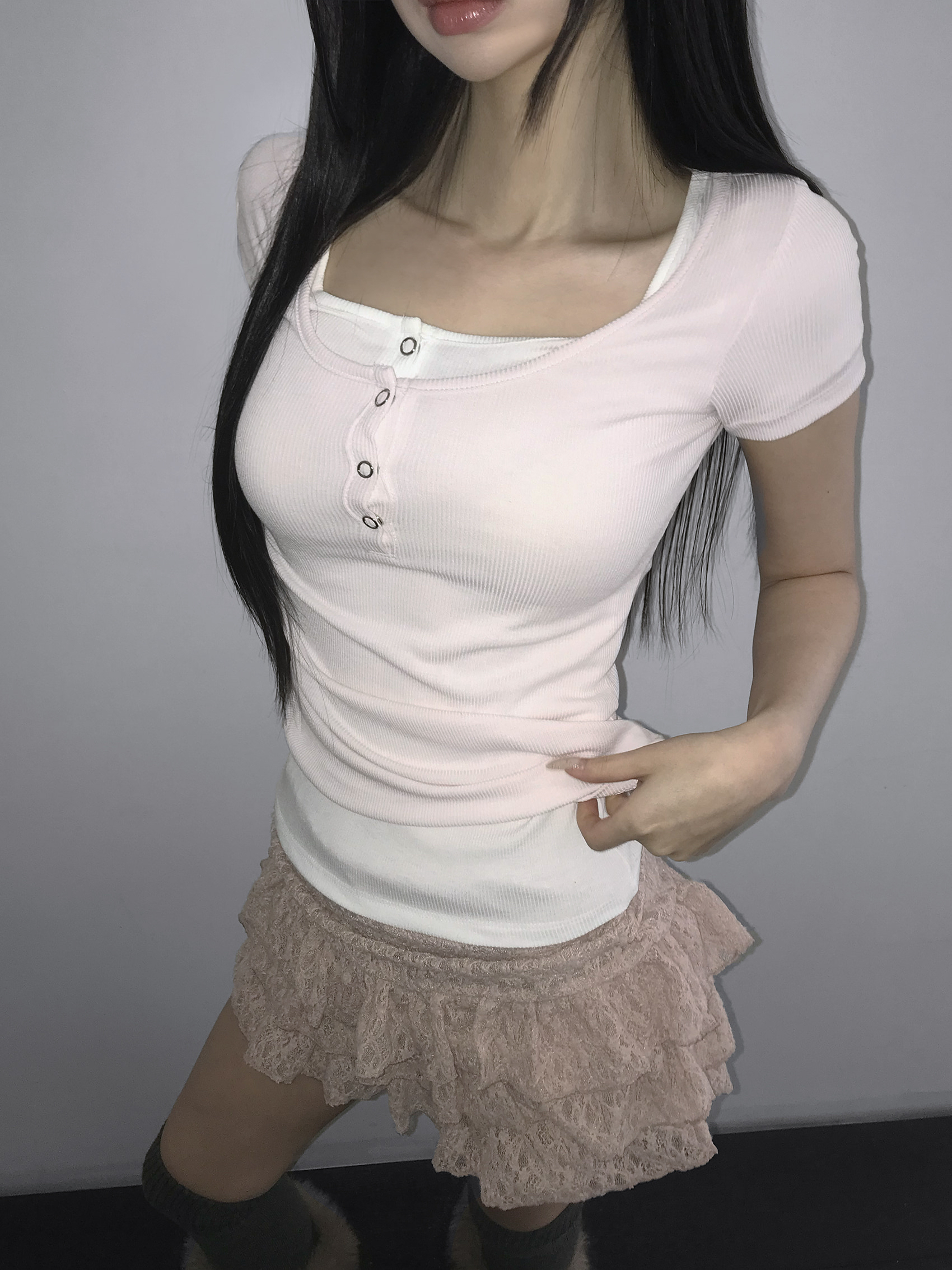 Scoop Neck Ribbed Button Short Sleeve