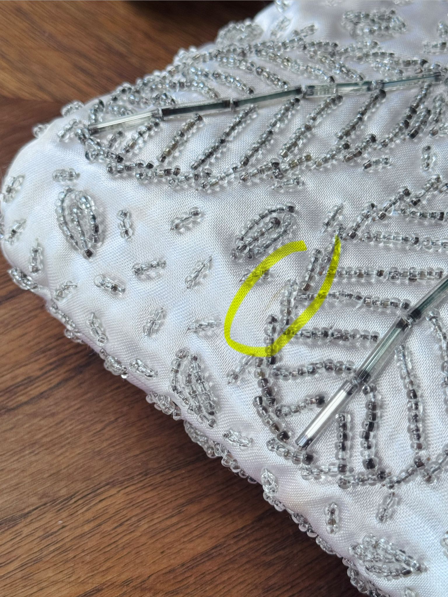 Vintage C.a. 1970s Hand Made in Hong Kong Silver Bead Satin Evening Bag (MT2604)