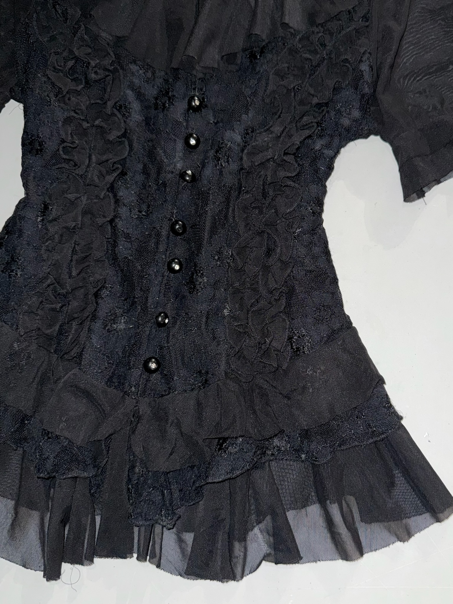 Textured Lace Peplum Top with Ruffled Collar