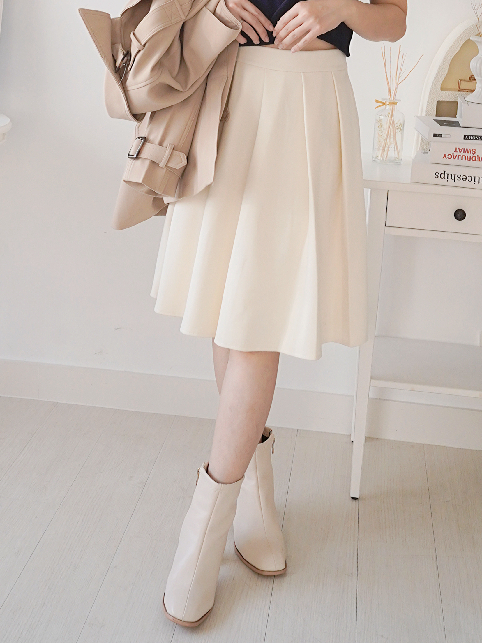 推薦！滑絨百褶及膝裙(KR)3色200360